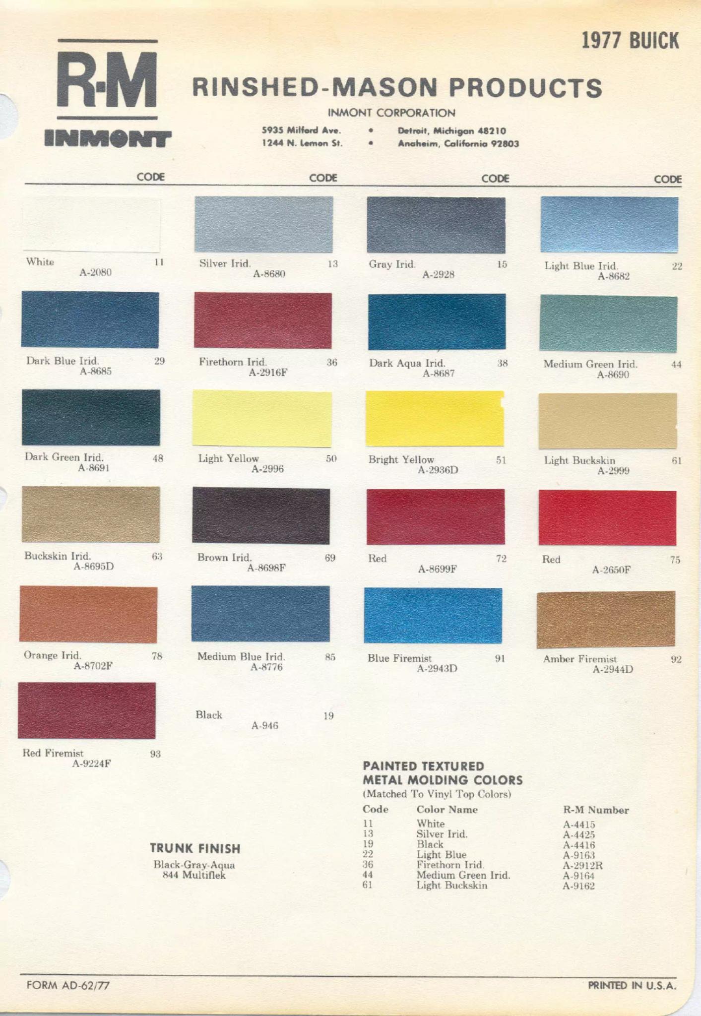 1977 Buick Paint Codes & Color Chart Paint color examples, their ordering codes, the oem color code, and vehicles the color was used on