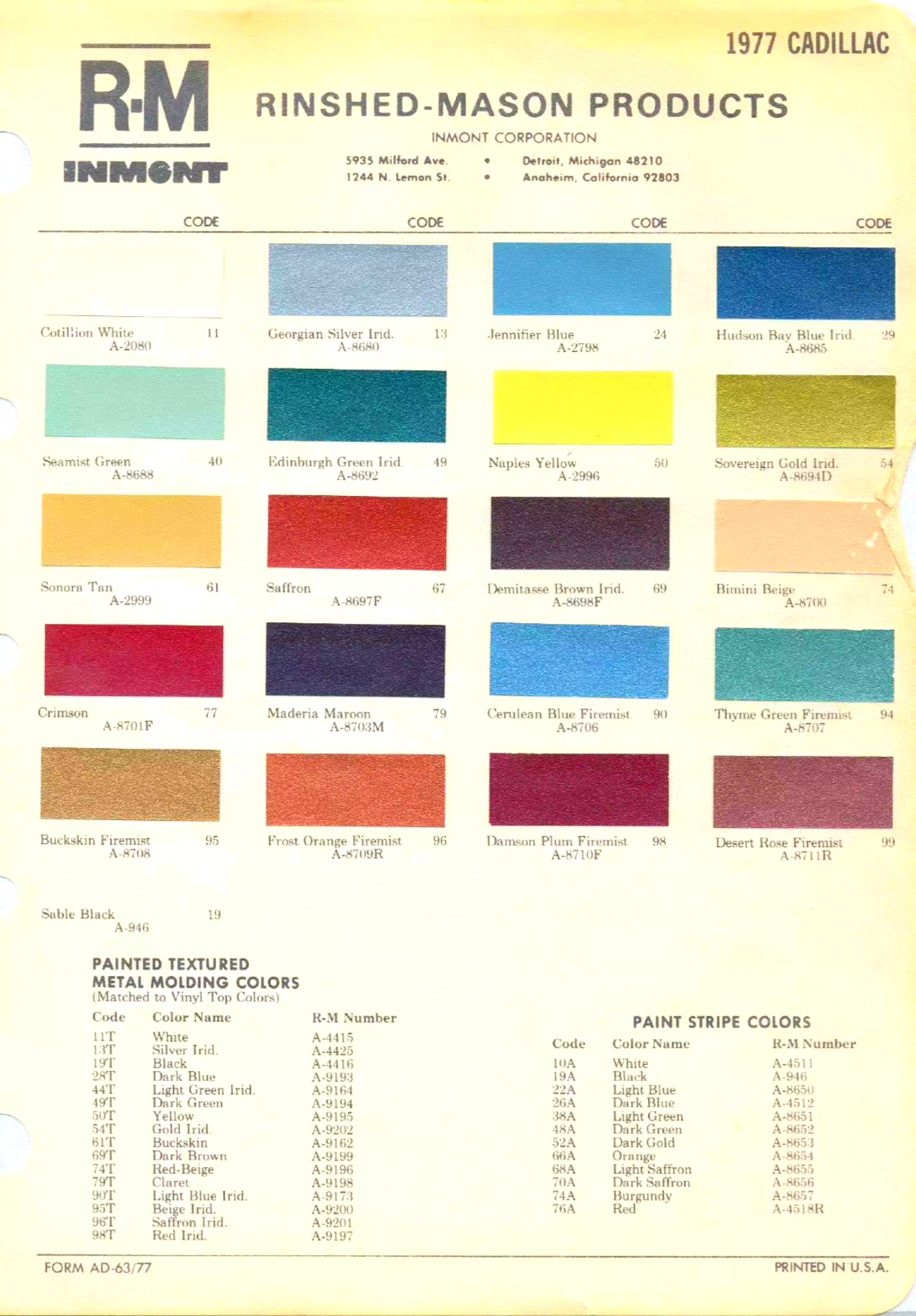 1977 Cadillac Paint Codes & Color Chart Paint color examples, their ordering codes, the oem color code, and vehicles the color was used on