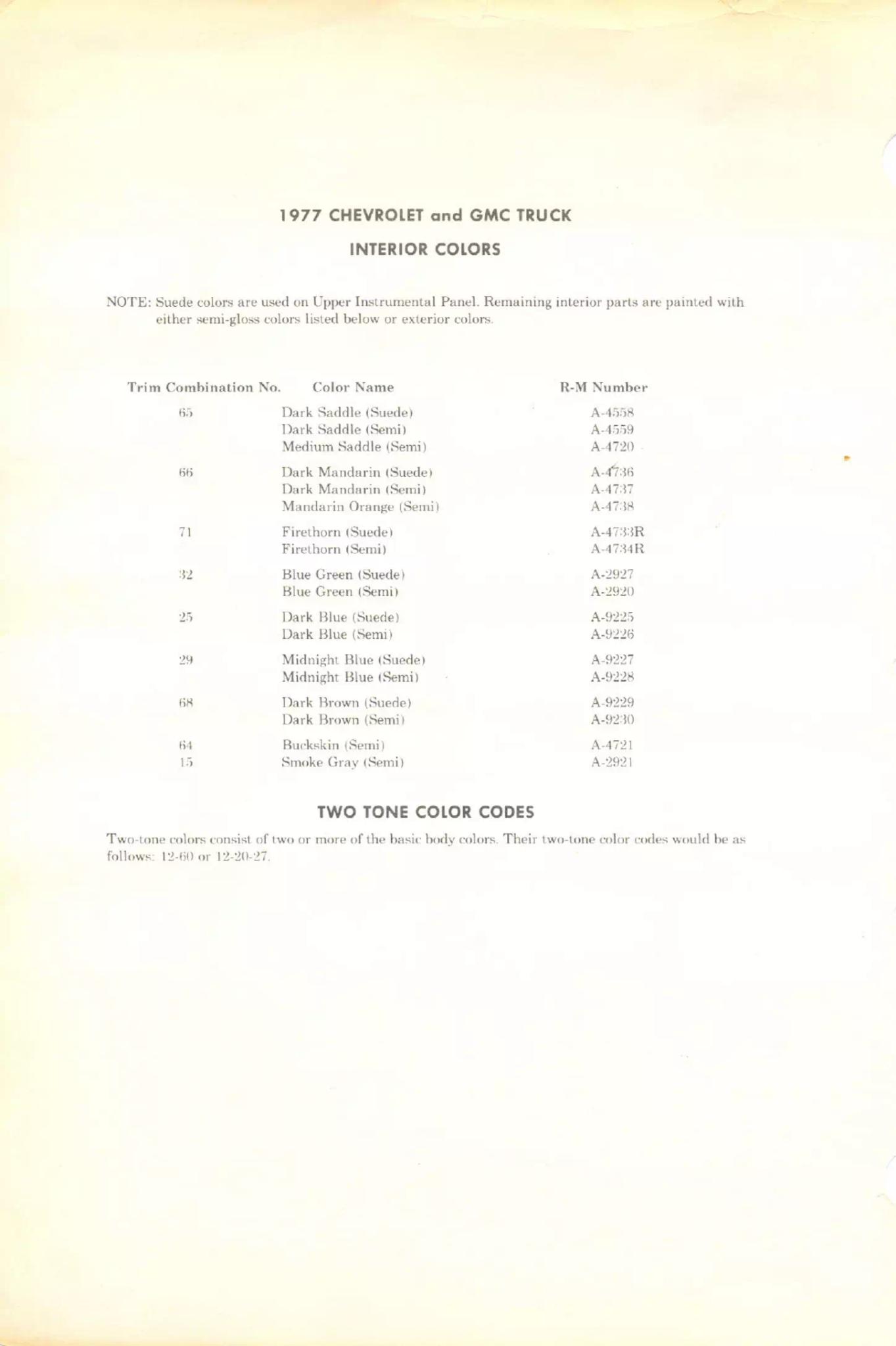 1977 Chevrolet & GMC Paint Codes & Color Chart Paint color examples, their ordering codes, the oem color code, and vehicles the color was used on