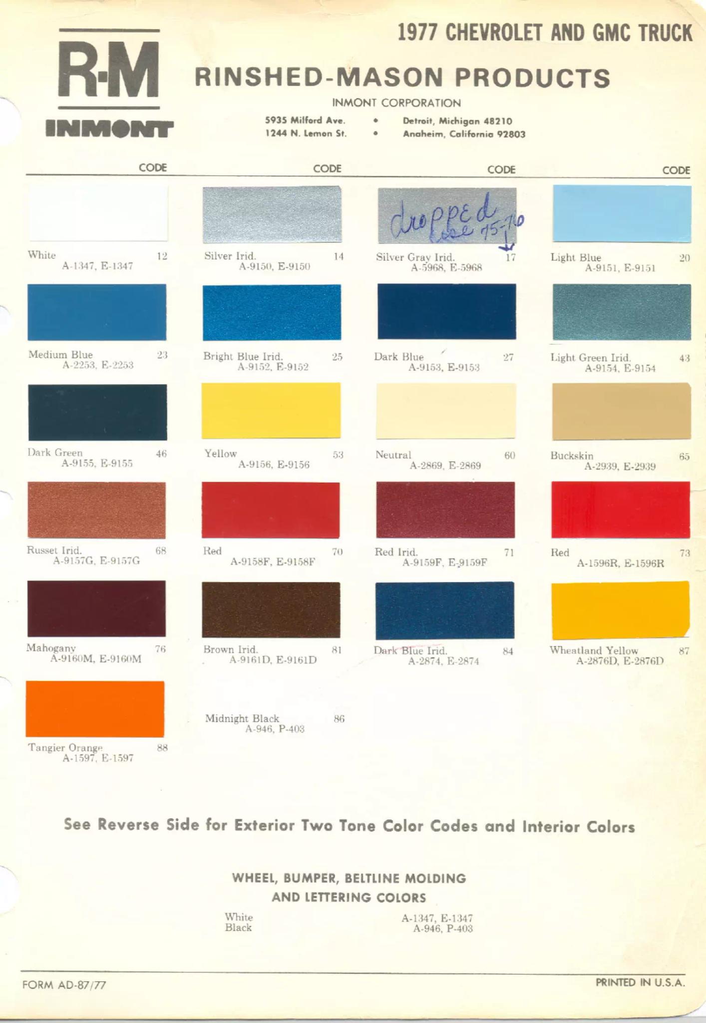 1977 Chevrolet & GMC Paint Codes & Color Chart Paint color examples, their ordering codes, the oem color code, and vehicles the color was used on
