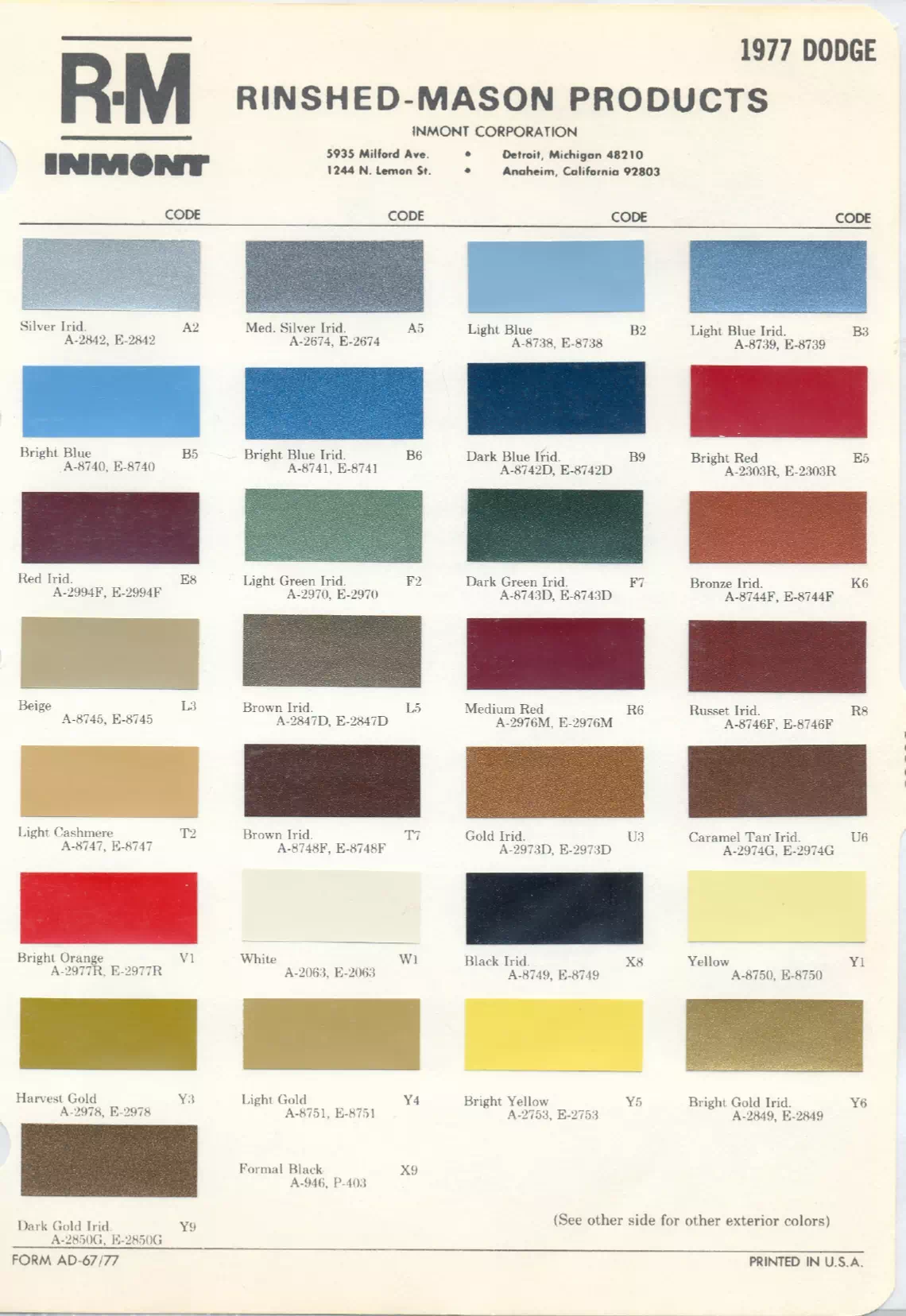 1977 Dodge Paint Codes & Color Chart Paint color examples, their ordering codes, the oem color code, and vehicles the color was used on