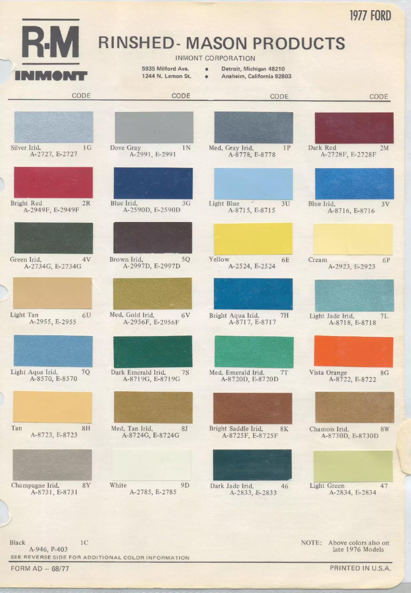 1977 Ford Paint Codes & Color Chart Paint color examples, their ordering codes, the oem color code, and vehicles the color was used on