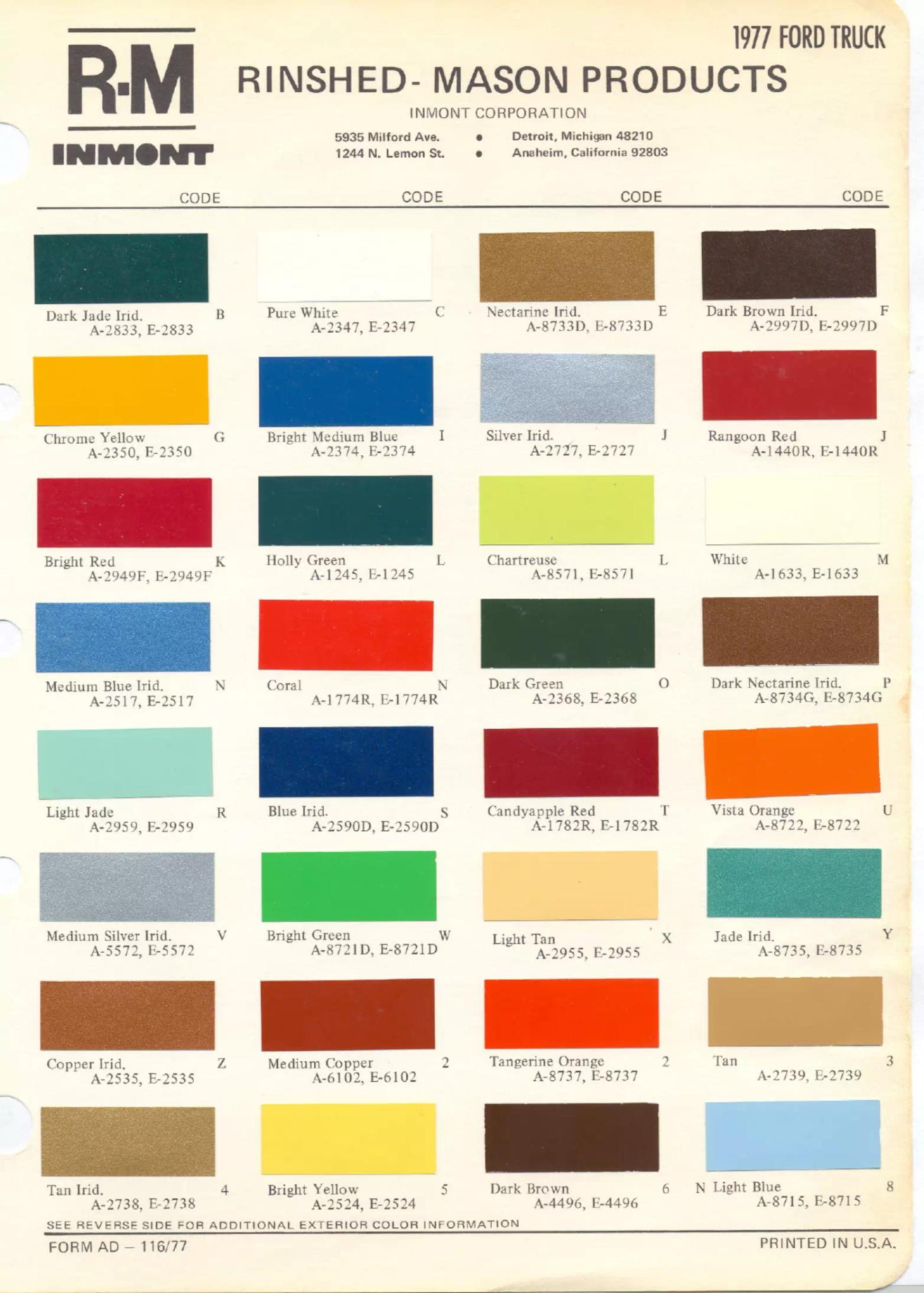 Paint color examples, their ordering codes, the oem color code, and vehicles the color was used on