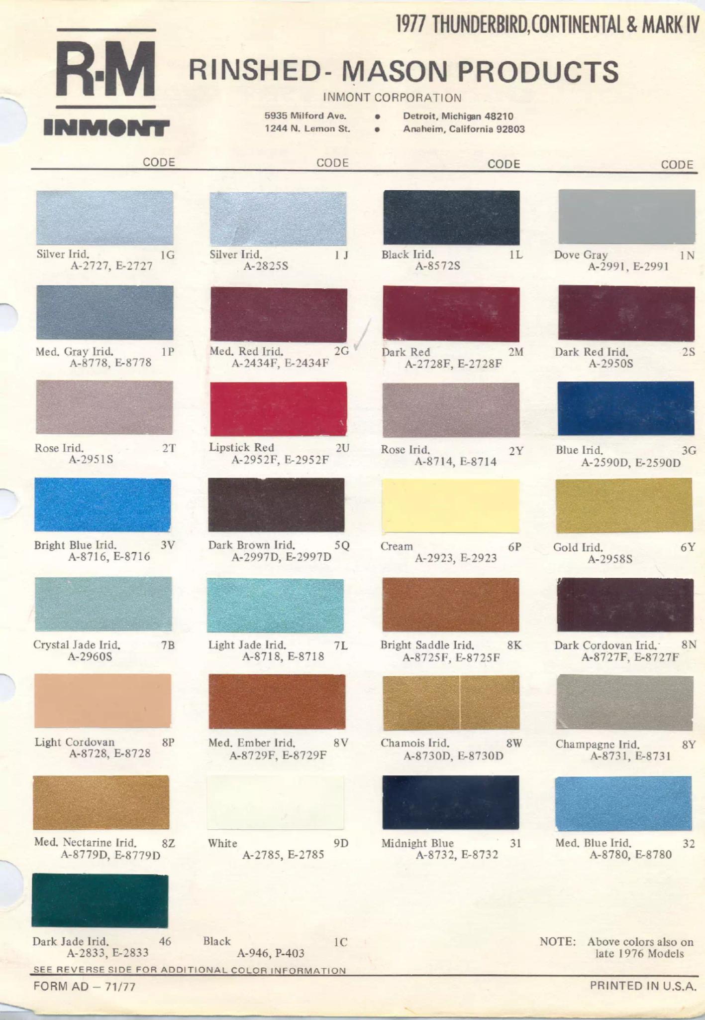 1977 Lincoln Paint Codes & Color Chart Paint color examples, their ordering codes, the oem color code, and vehicles the color was used on