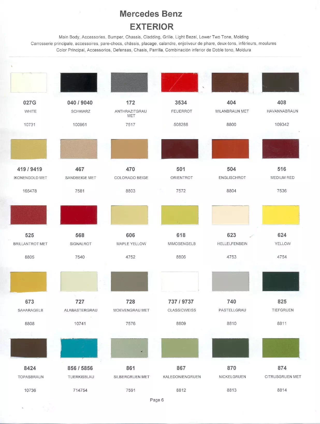 Color swatches that represent colors used on Mercedes Benz automobiles.  Color codes, Paint swatches, Ordering Stock numbers  and Color Names for Mercedes Benz automobiles