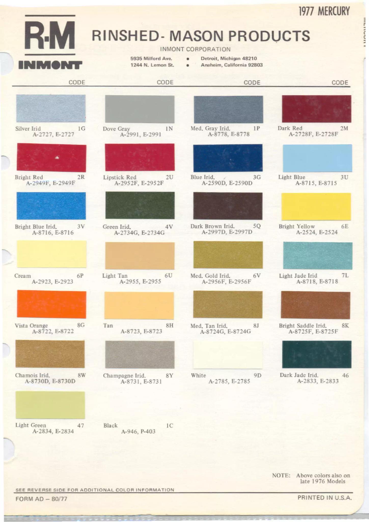1977 Mercury Paint Codes & Color Chart Paint color examples, their ordering codes, the oem color code, and vehicles the color was used on