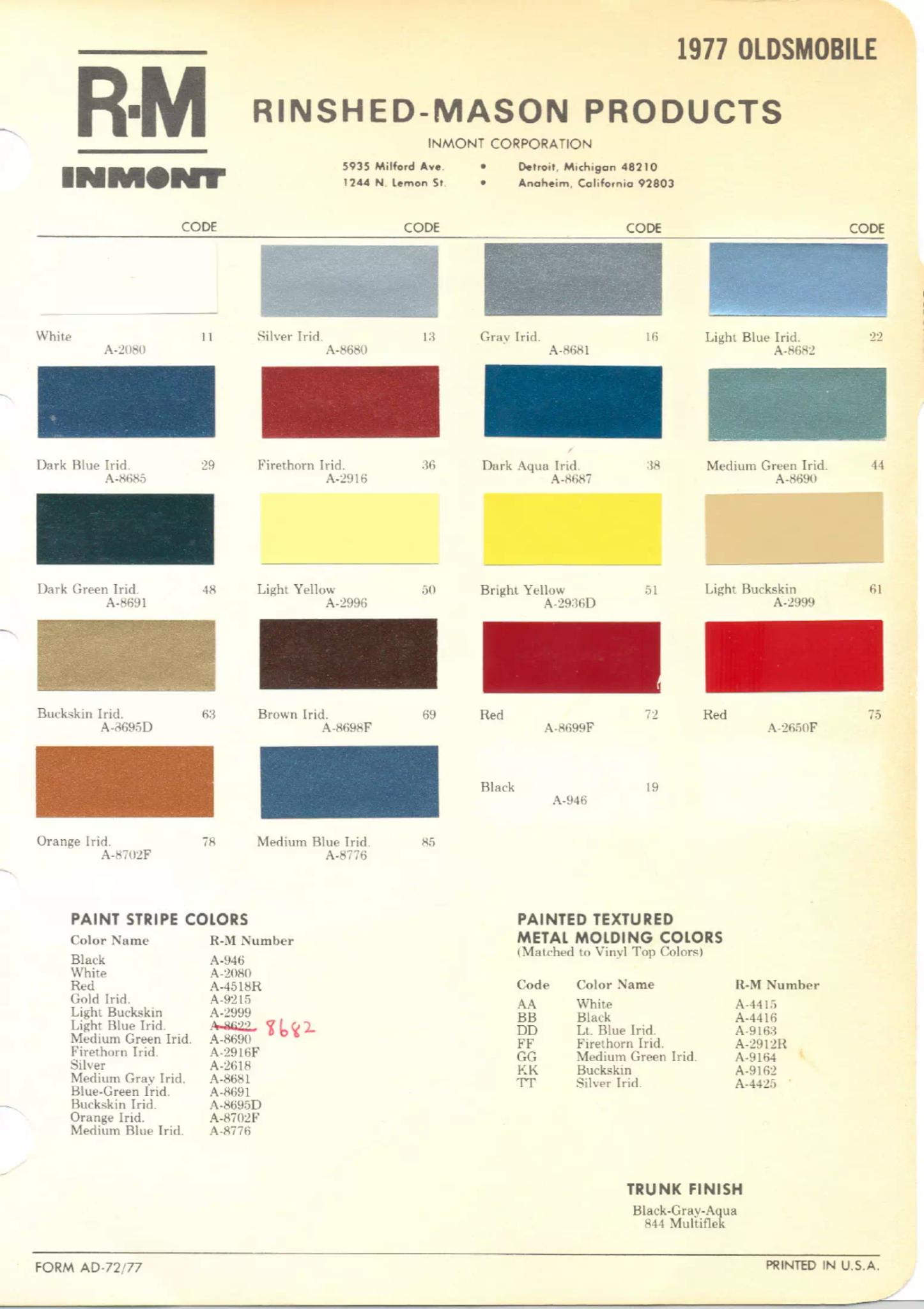 1977 Oldsmobile Paint Codes & Color Chart Paint color examples, their ordering codes, the oem color code, and vehicles the color was used on