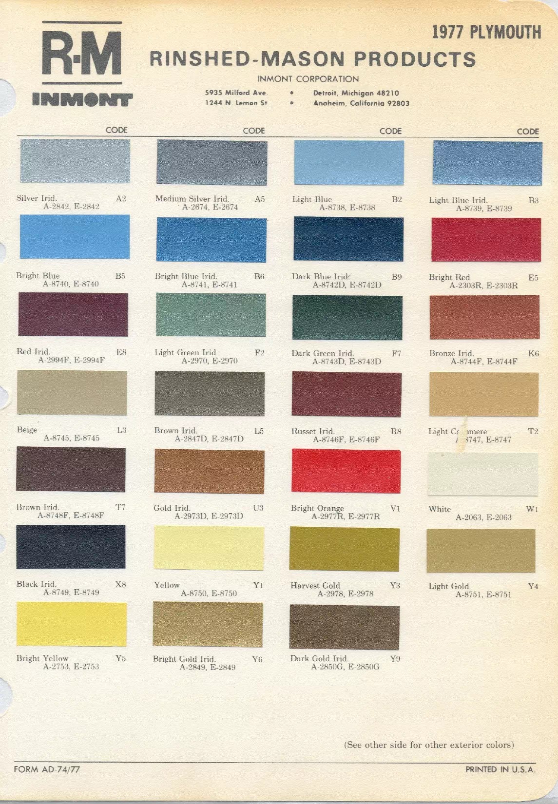 1977 Plymouth Paint Codes & Color Chart Paint color examples, their ordering codes, the oem color code, and vehicles the color was used on