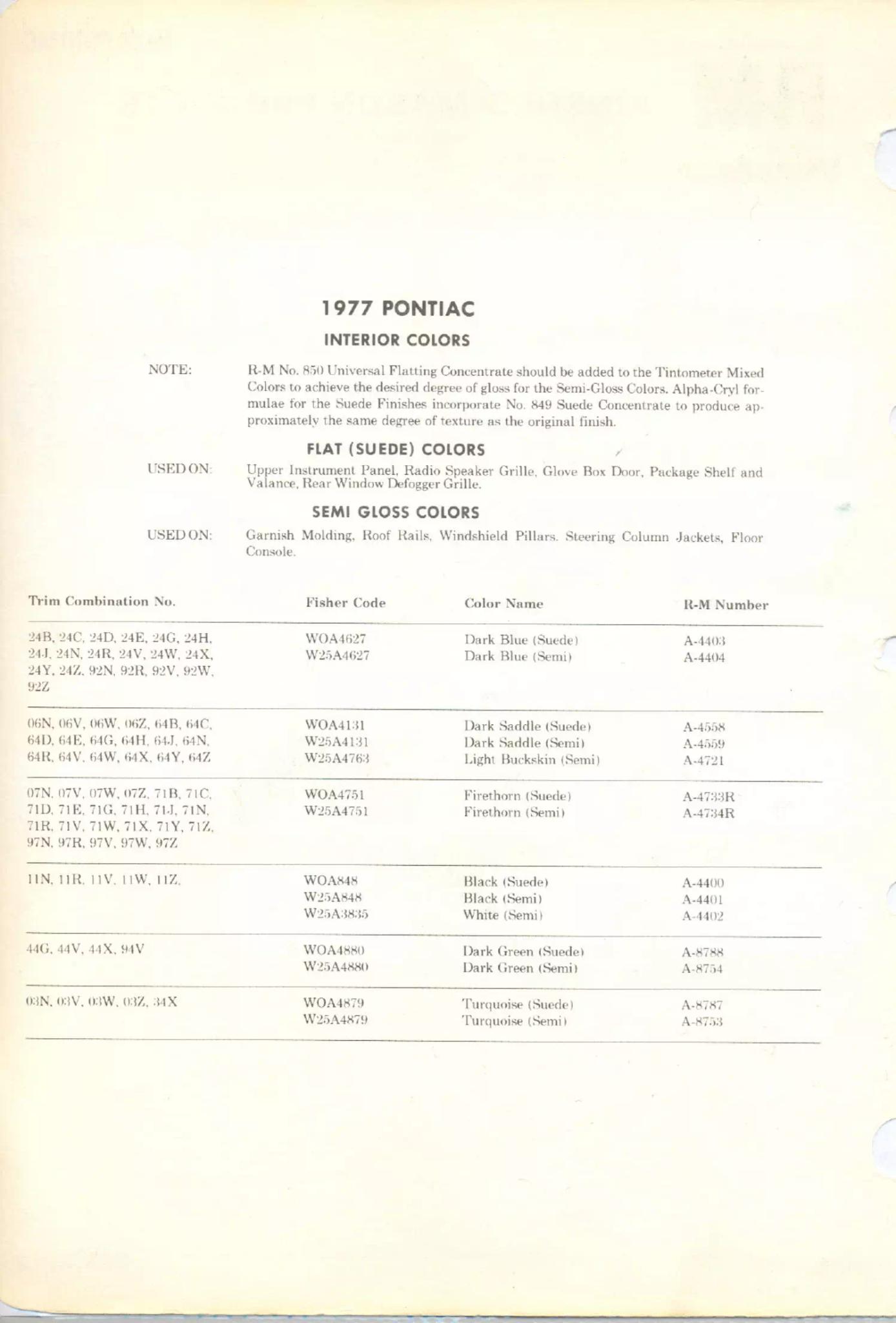 1977 Pontiac Paint Codes & Color Chart Paint color examples, their ordering codes, the oem color code, and vehicles the color was used on