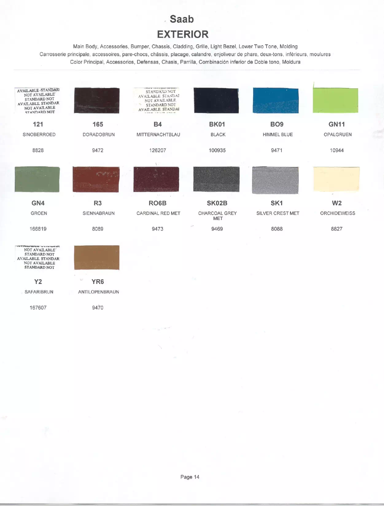 Paint chips of exterior paint colors for Saab vehicles and their ordering paint codes