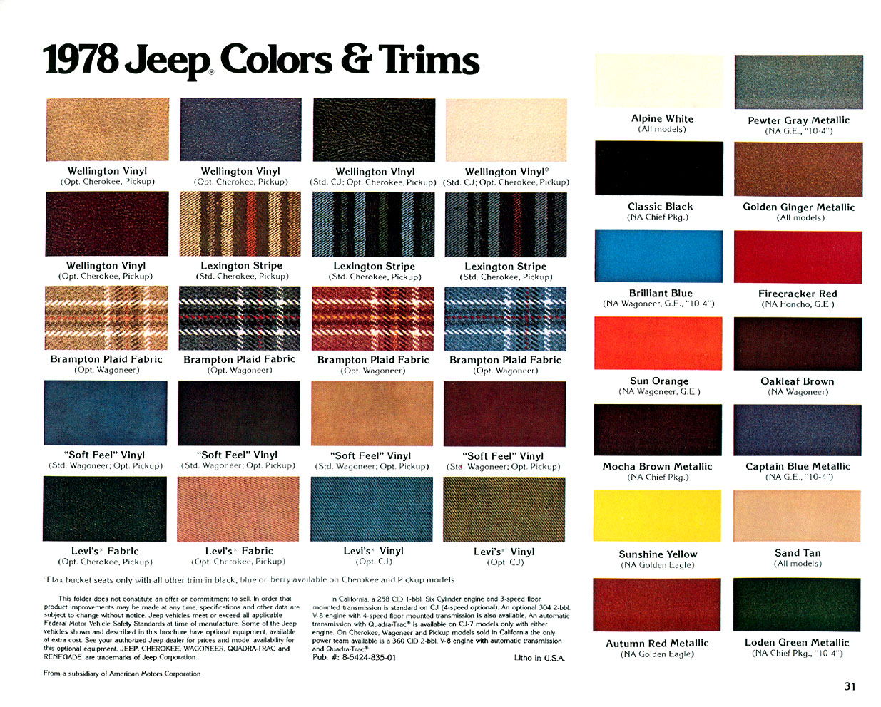 1978 All Model Jeep Color Chart Jeep Paint Codes and Color Chart used for 1979