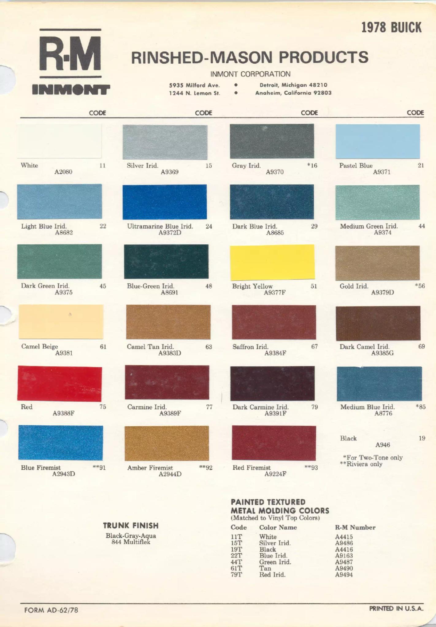 1978 Buick Paint Chart Buick color chart that contains color codes and paint swatches for the exterior color of a Buick vehicle.
