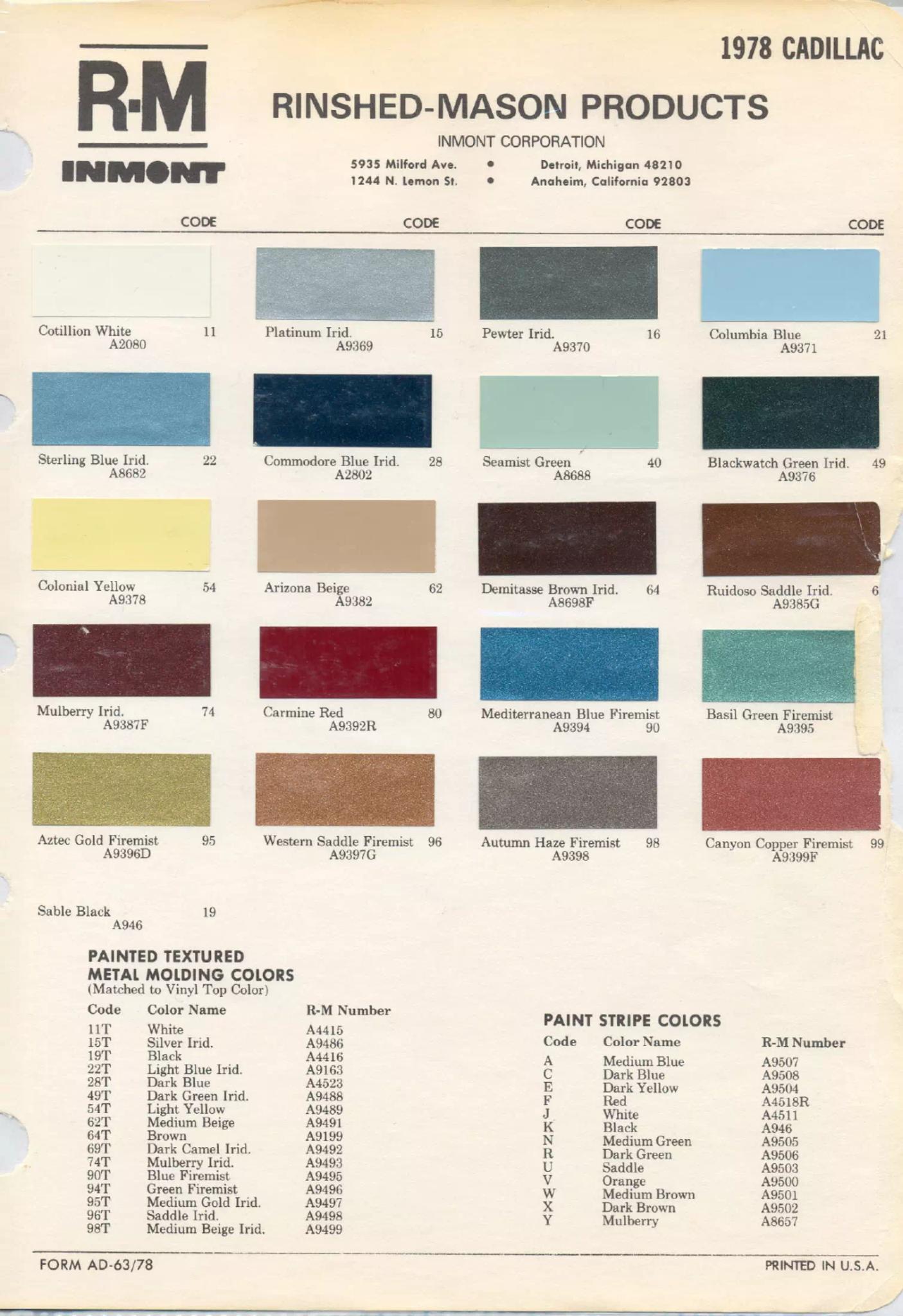 1978 Cadillac Paint Codes & Color Chart Paint color examples, their ordering codes, the oem color code, and vehicles the color was used on