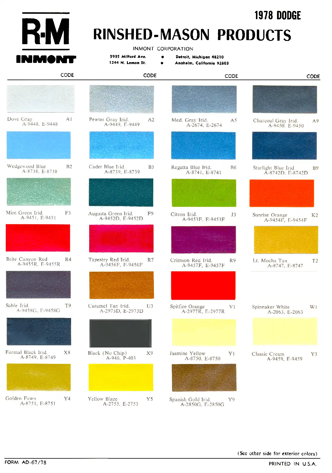 1978 Dodge Paint Codes & Color Chart Paint color examples, their ordering codes, the oem color code, and vehicles the color was used on