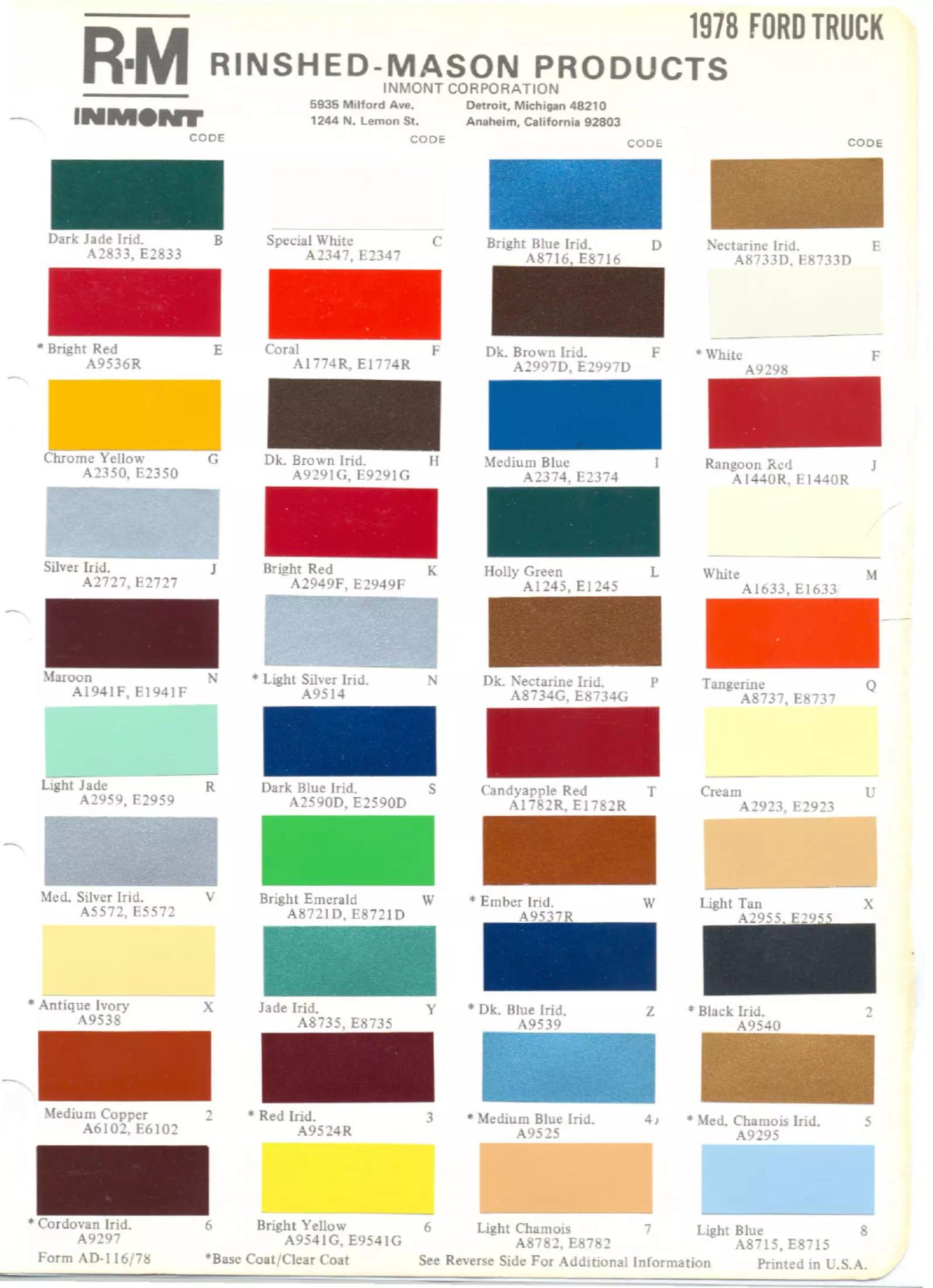 1978 Ford Truck Paint Codes & Color Chart Paint color examples, their ordering codes, the oem color code, and vehicles the color was used on