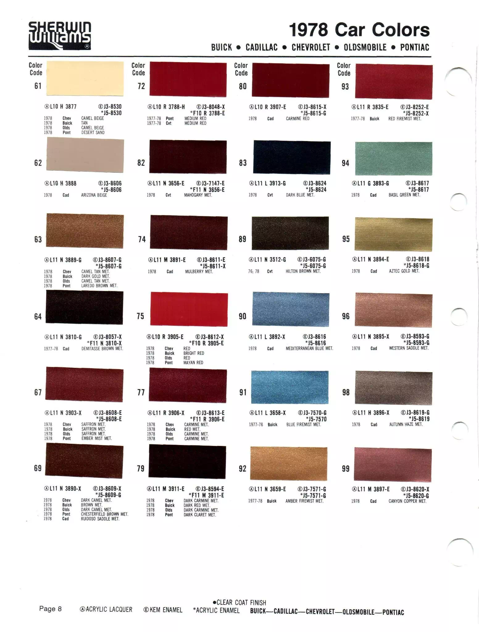 1978 GM Paint Chart and color codes Colors, Descriptions, Codes, and Paint Swatches for General Motors Vehicles in 1978