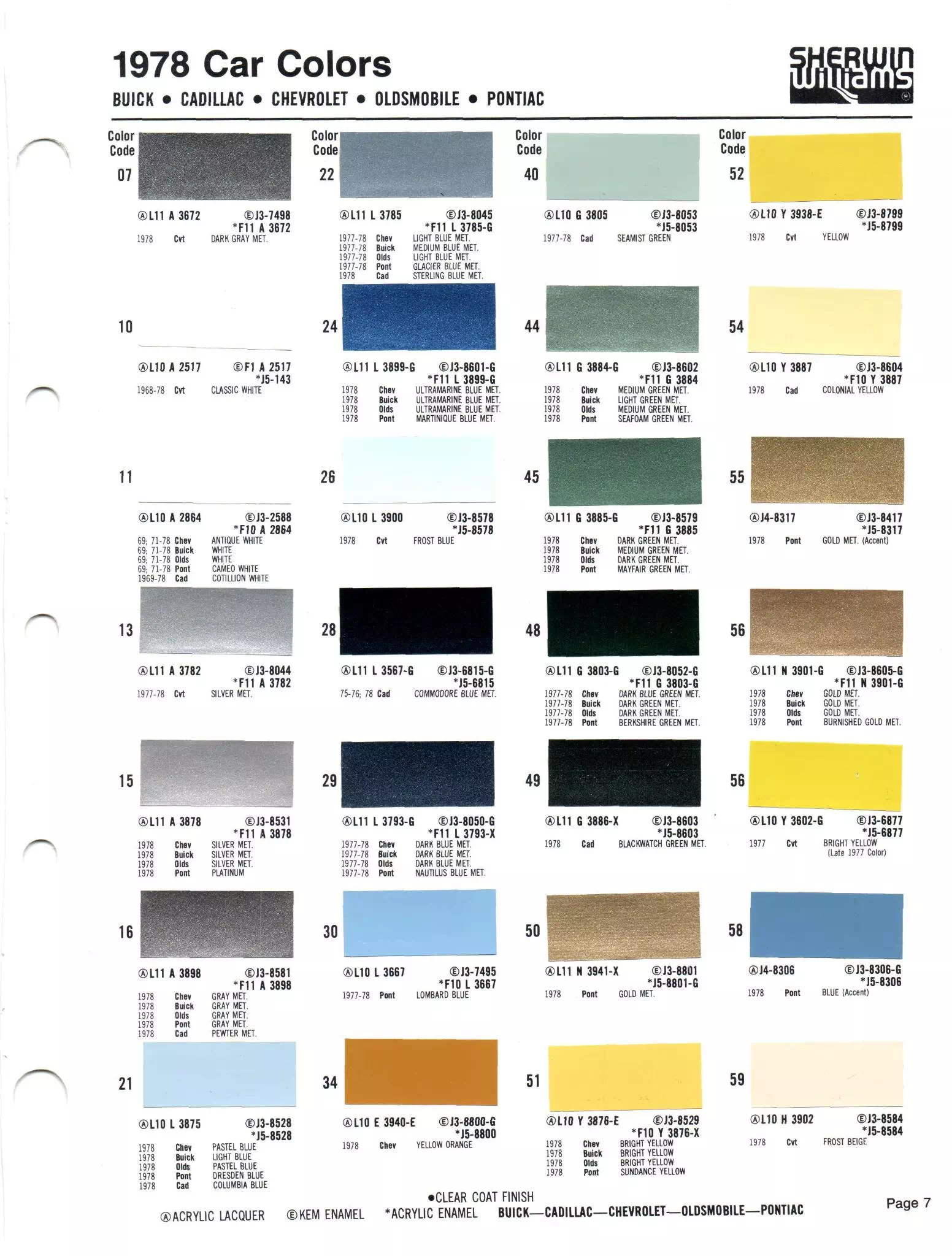 1978 GM Paint Chart and color codes Colors, Descriptions, Codes, and Paint Swatches for General Motors Vehicles in 1978