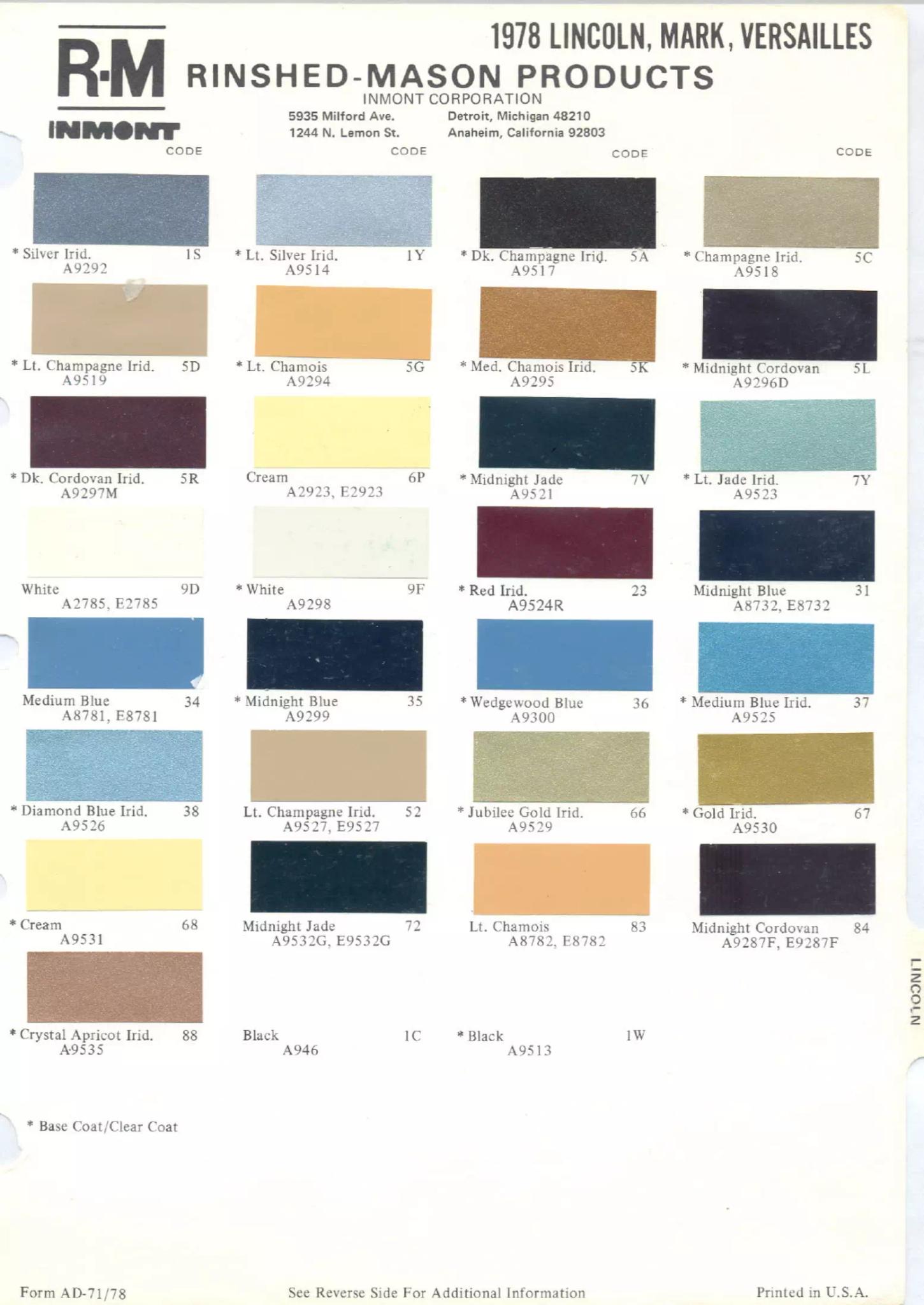 1978 Lincoln Paint Codes & Color Chart Paint color examples, their ordering codes, the oem color code, and vehicles the color was used on