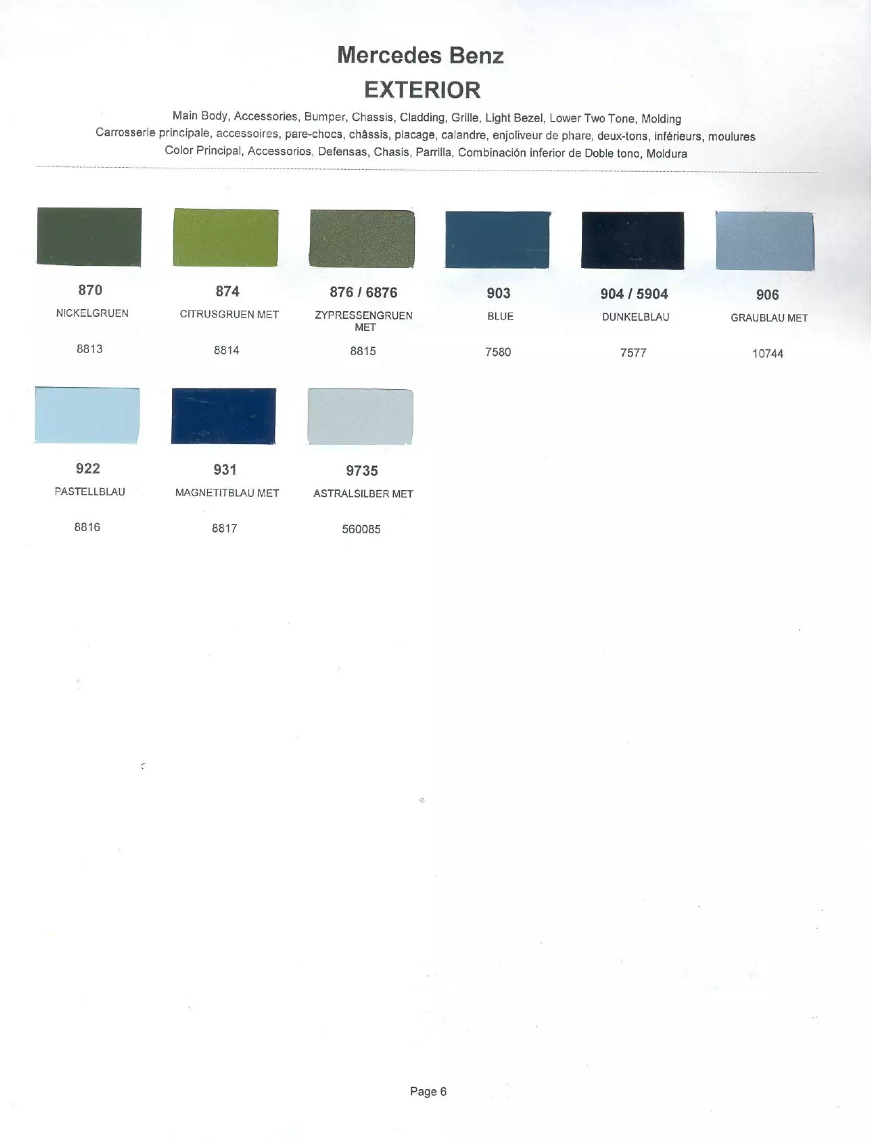 Color swatches that represent colors used on Mercedes Benz automobiles.  Color codes, Paint swatches, Ordering Stock numbers  and Color Names for Mercedes Benz automobiles