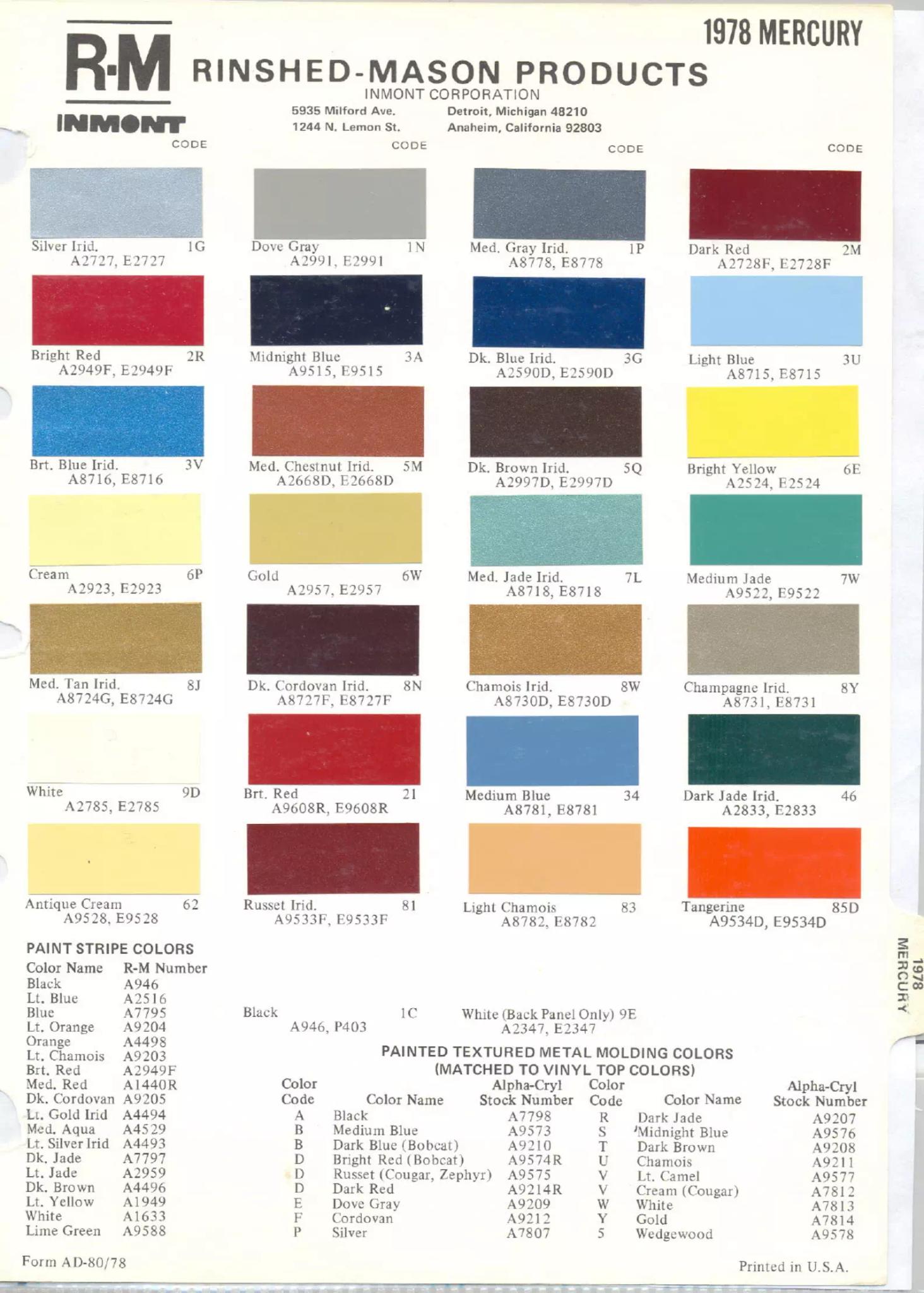 1978 Mercury Paint Codes & Color Chart Paint color examples, their ordering codes, the oem color code, and vehicles the color was used on