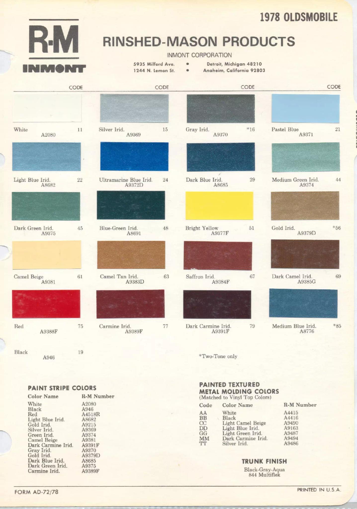 1978 Oldsmobile Paint Codes & Color Chart Paint color examples, their ordering codes, the oem color code, and vehicles the color was used on