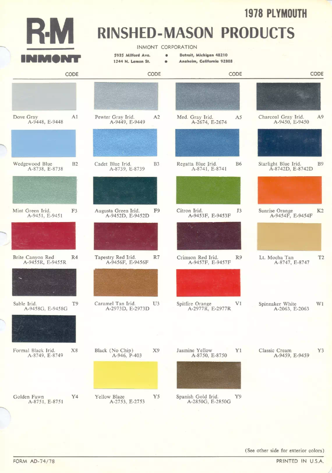 1978 Plymouth Paint Codes & Color Chart Paint color examples, their ordering codes, the oem color code, and vehicles the color was used on