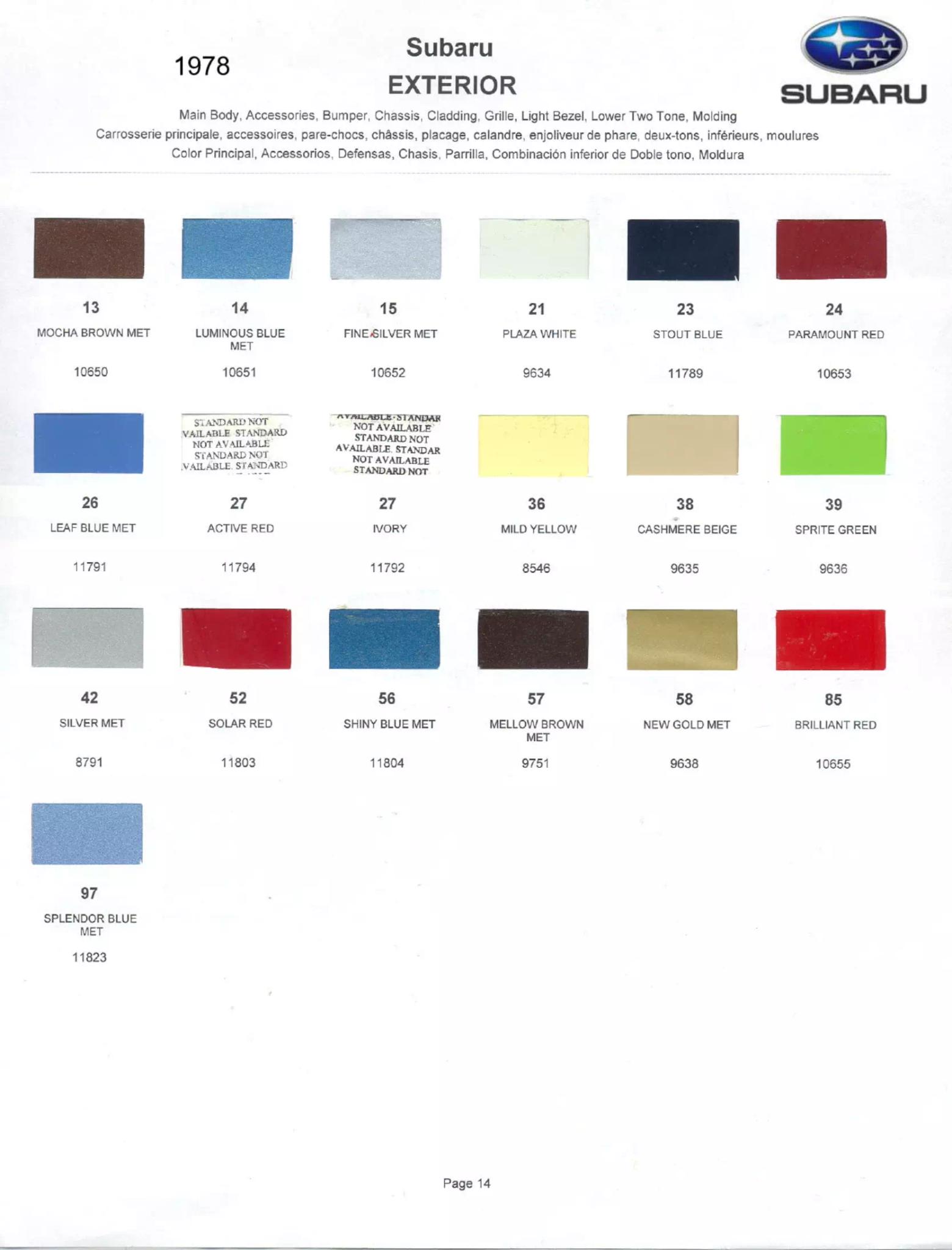 Paint Color and Codes Used By Subaru