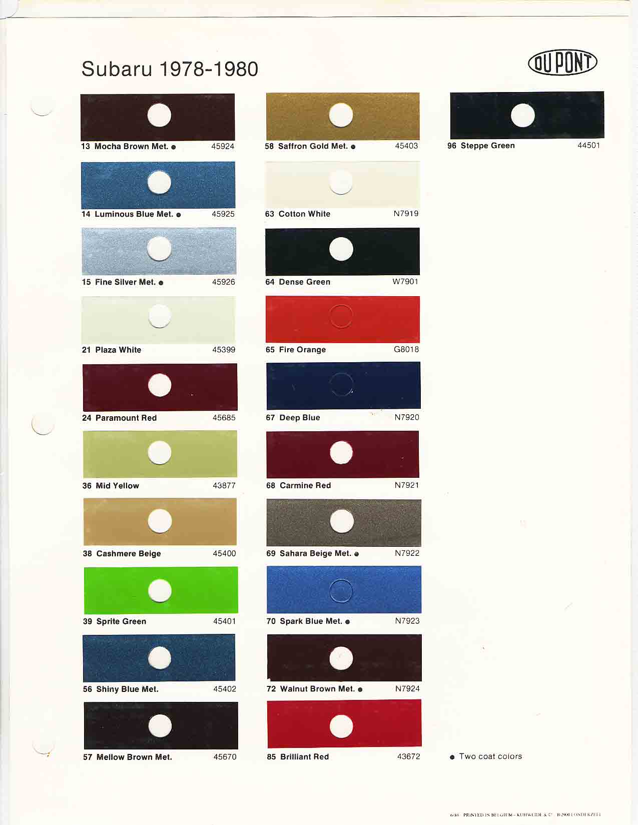 1978-1980 Subaru Paint and Color Code Chart Paint Color and Codes Used By Subaru