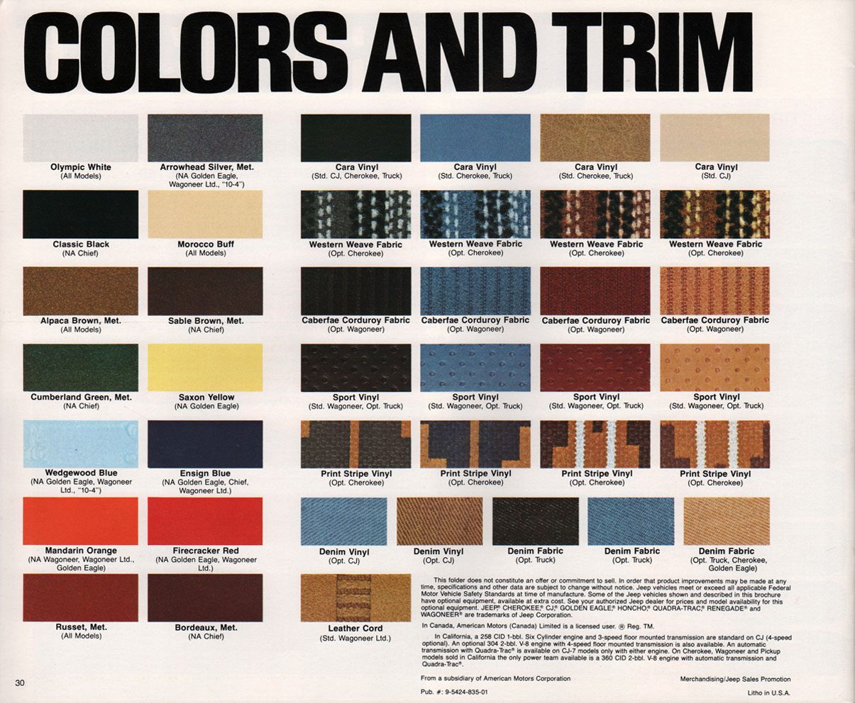 1979 All Model Jeep Color Chart Jeep Paint Codes and Color Chart used for 1979