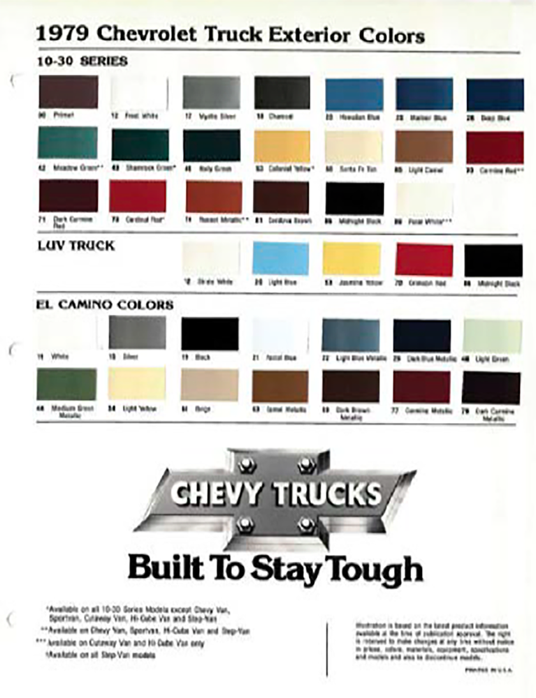 1979 Chevrolet Truck, Luv, and El Camino Color Code Chart Paint Codes and Color Swatches used in 1979 by Chevrolet