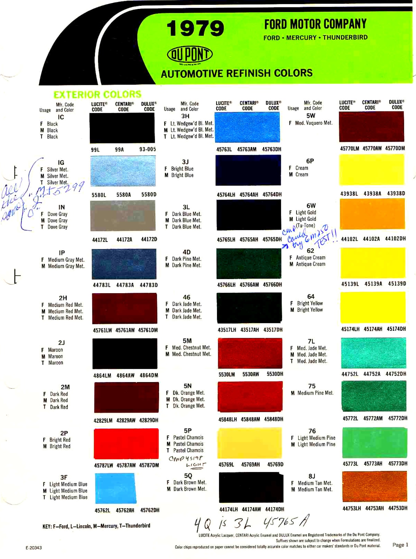 1979 Ford Motor Company paint codes, color swatches, and mixing stock numbers for repair of the vehicles