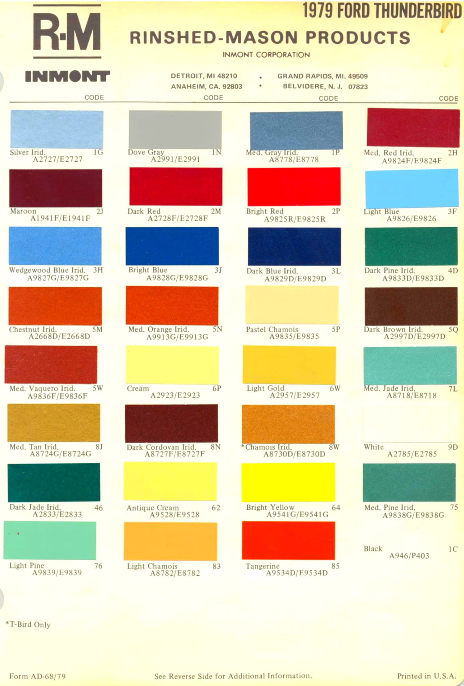 1979 Ford & Ford Thunderbird Paint Codes Color Chart 1979 Ford Motor Company paint codes, color swatches, and mixing stock numbers for repair of the vehicles