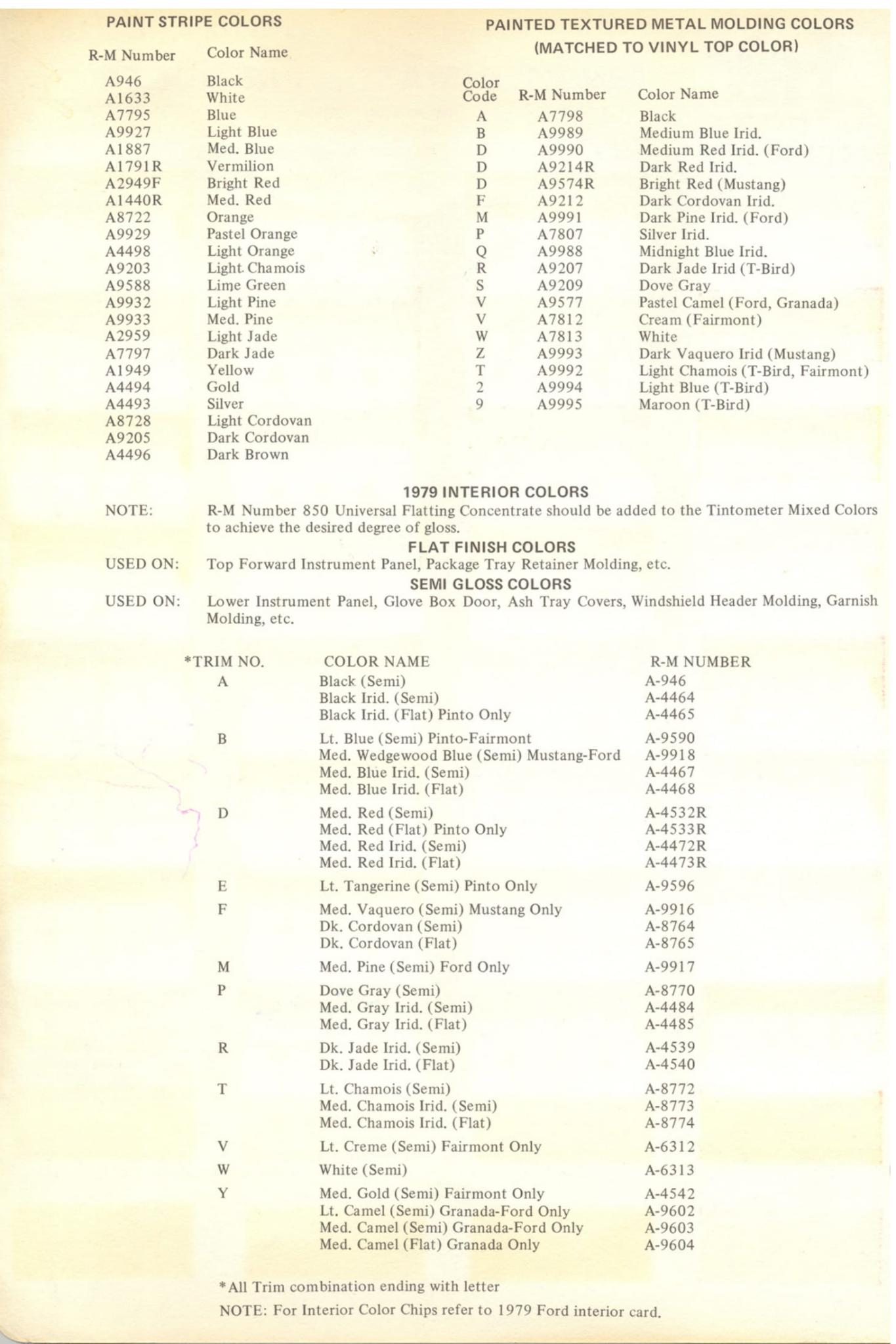 1979 Ford Motor Company paint codes, color swatches, and mixing stock numbers for repair of the vehicles