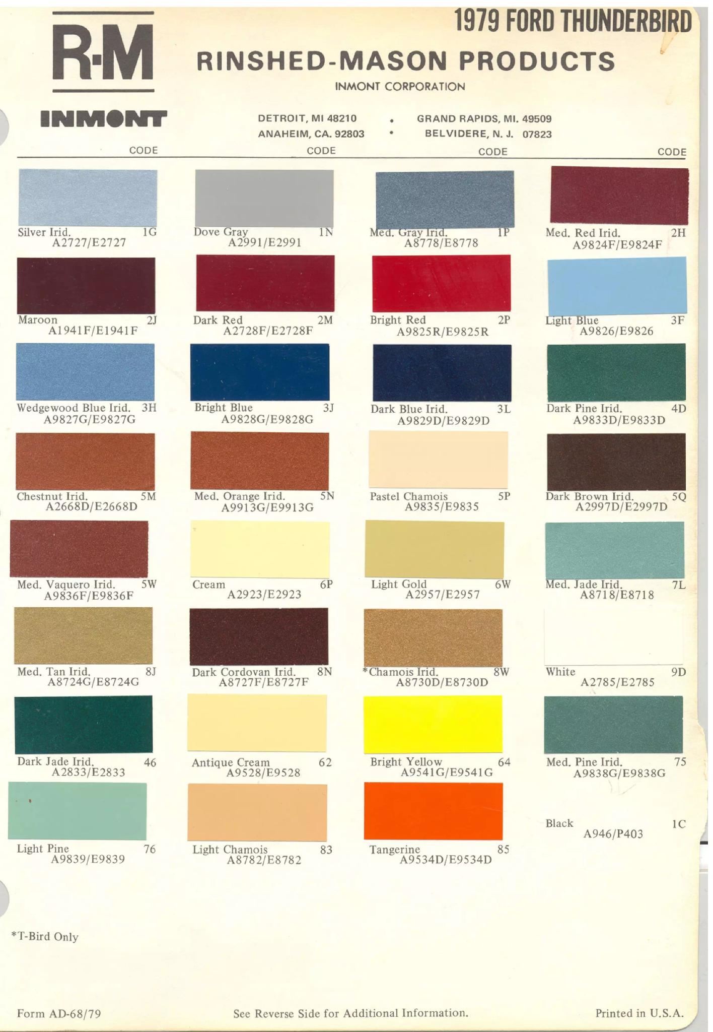 1979 Ford Thunderbird Paint Chart color codes, color examples and ordering codes for the vehicle