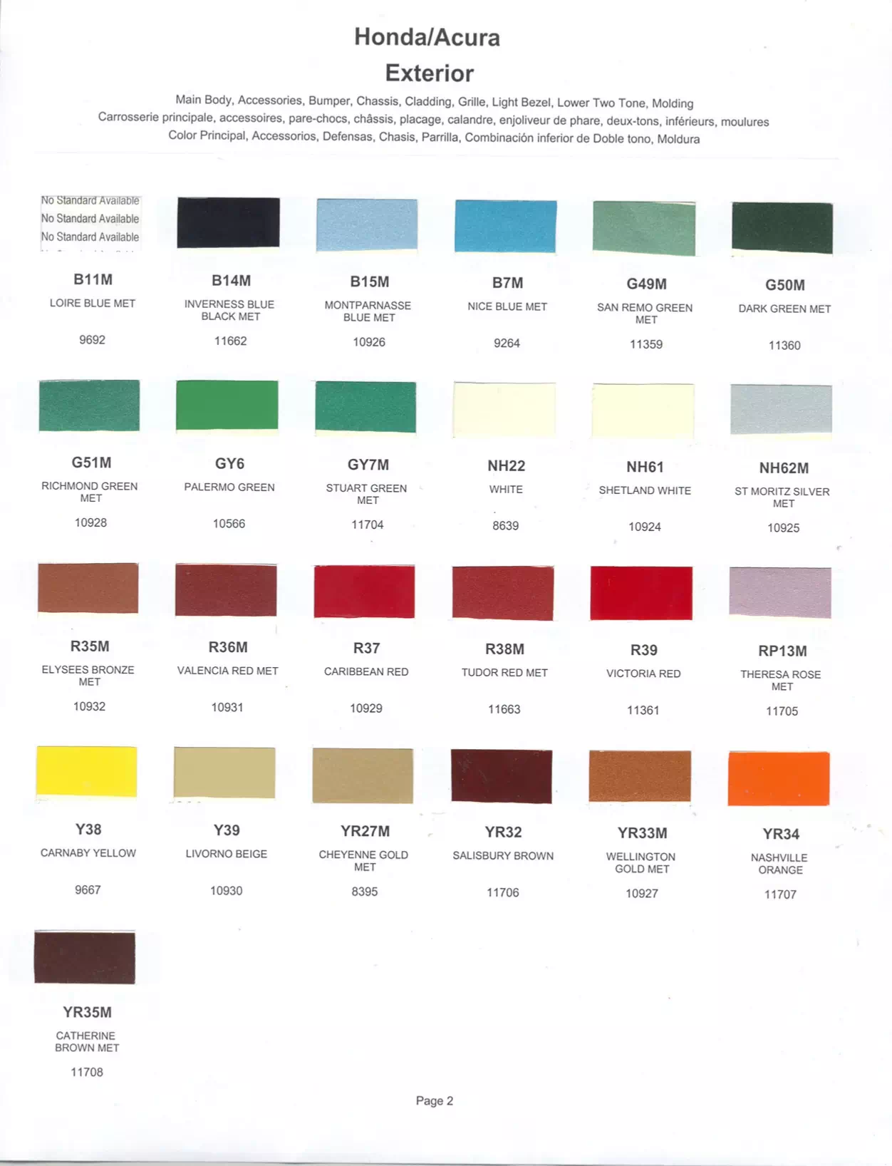 Exterior paint chips and their ordering codes for Honda Vehicles