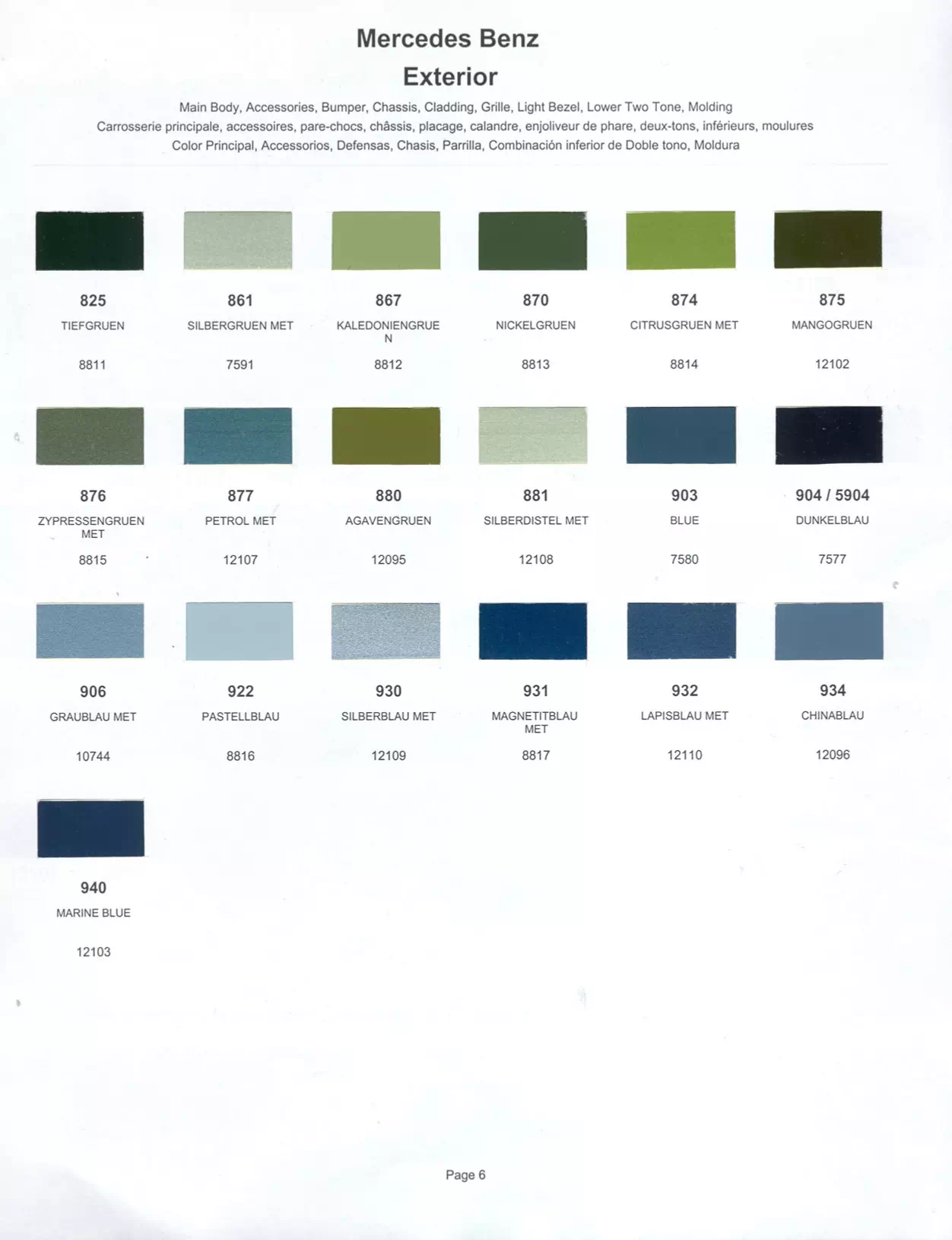 Color swatches that represent colors used on Mercedes Benz automobiles.  Color codes, Paint swatches, Ordering Stock numbers  and Color Names for Mercedes Benz automobiles