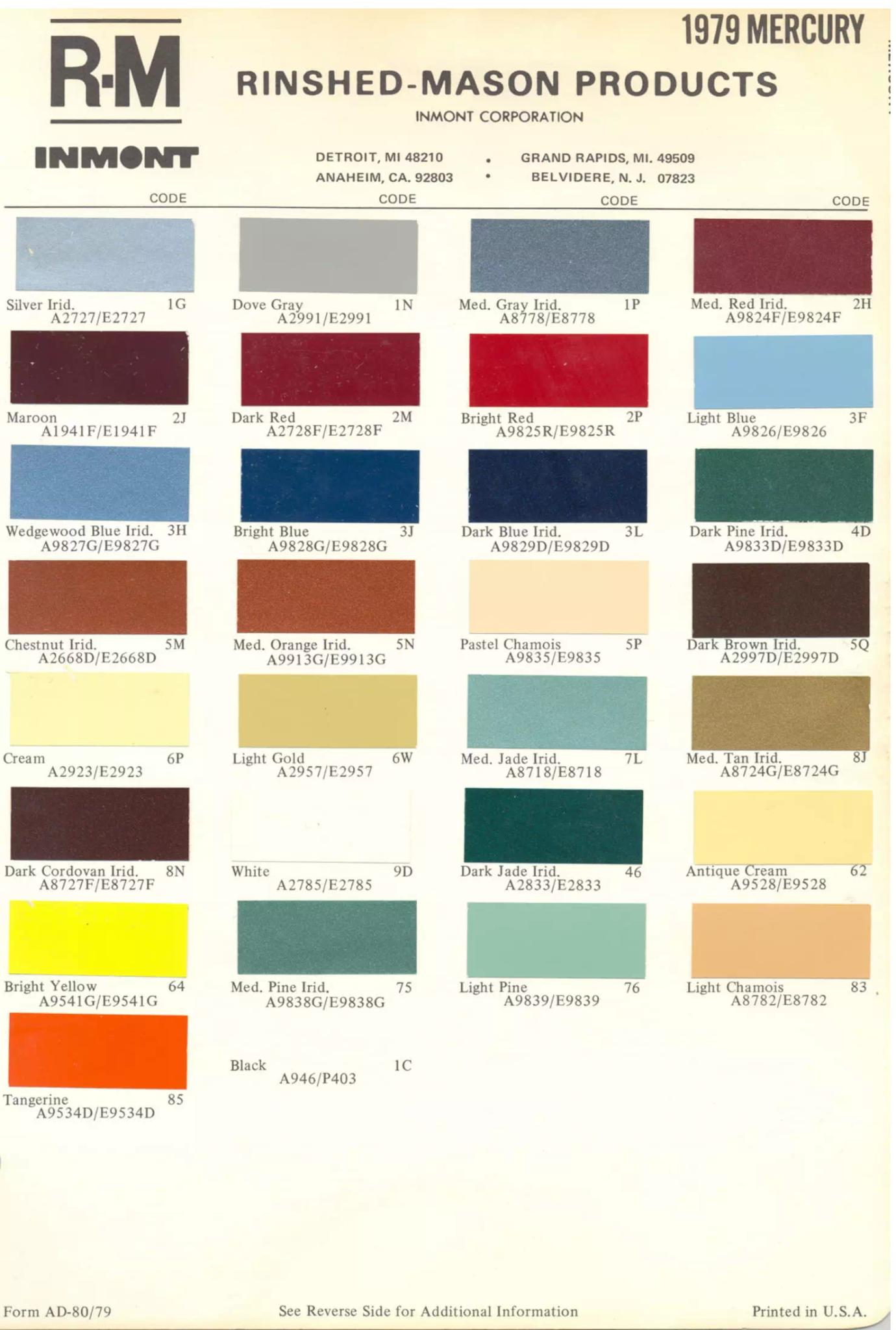 1979 Mercury Paint Chart color codes, color examples and ordering codes for the vehicle