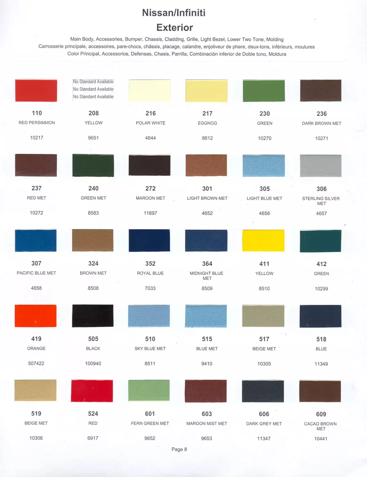 Exterior paint colors for Nissan and Infiniti vehicles and their ordering codes and stock numbers