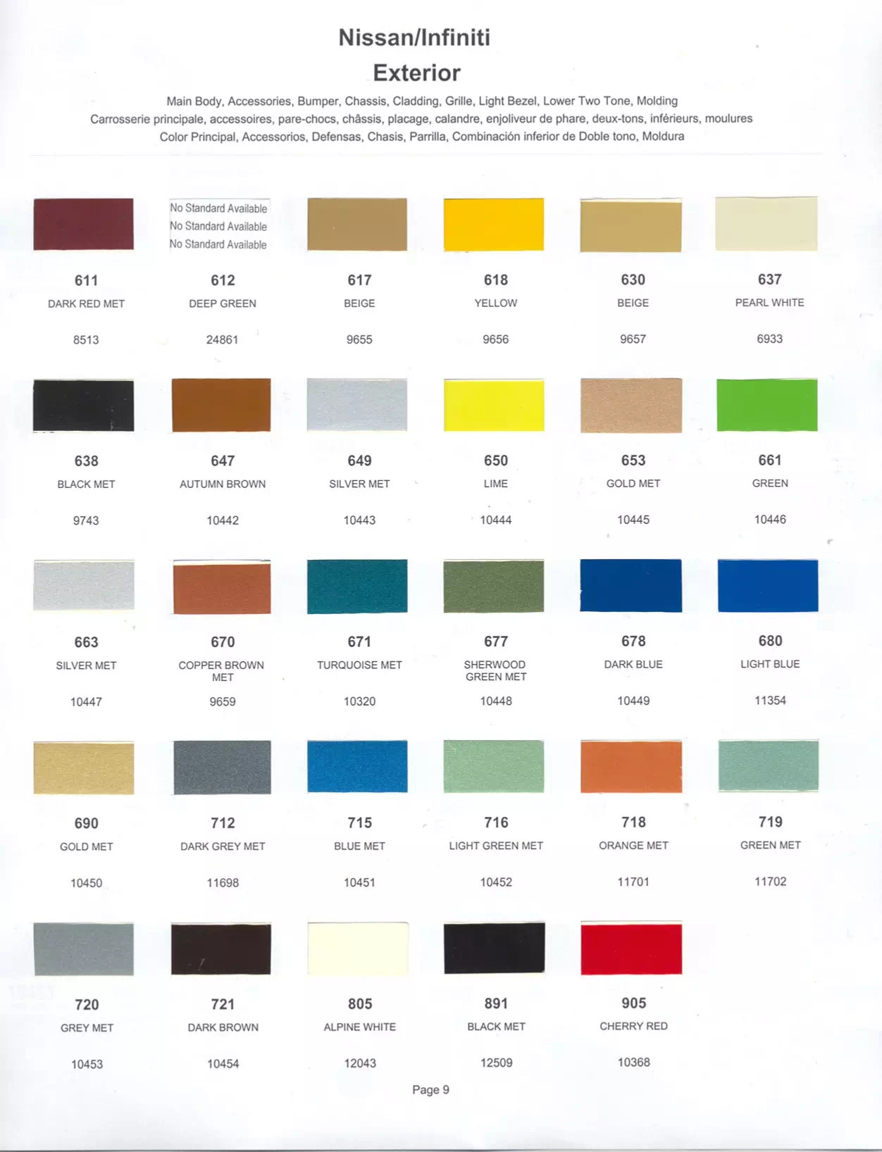 Exterior paint colors for Nissan and Infiniti vehicles and their ordering codes and stock numbers