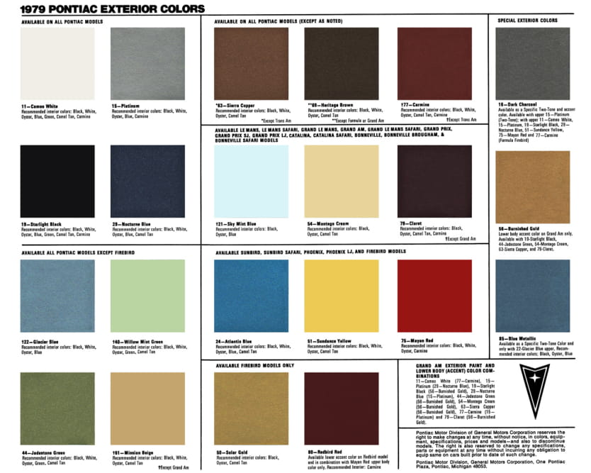 Exterior colors and codes used on Pontiac in 1979