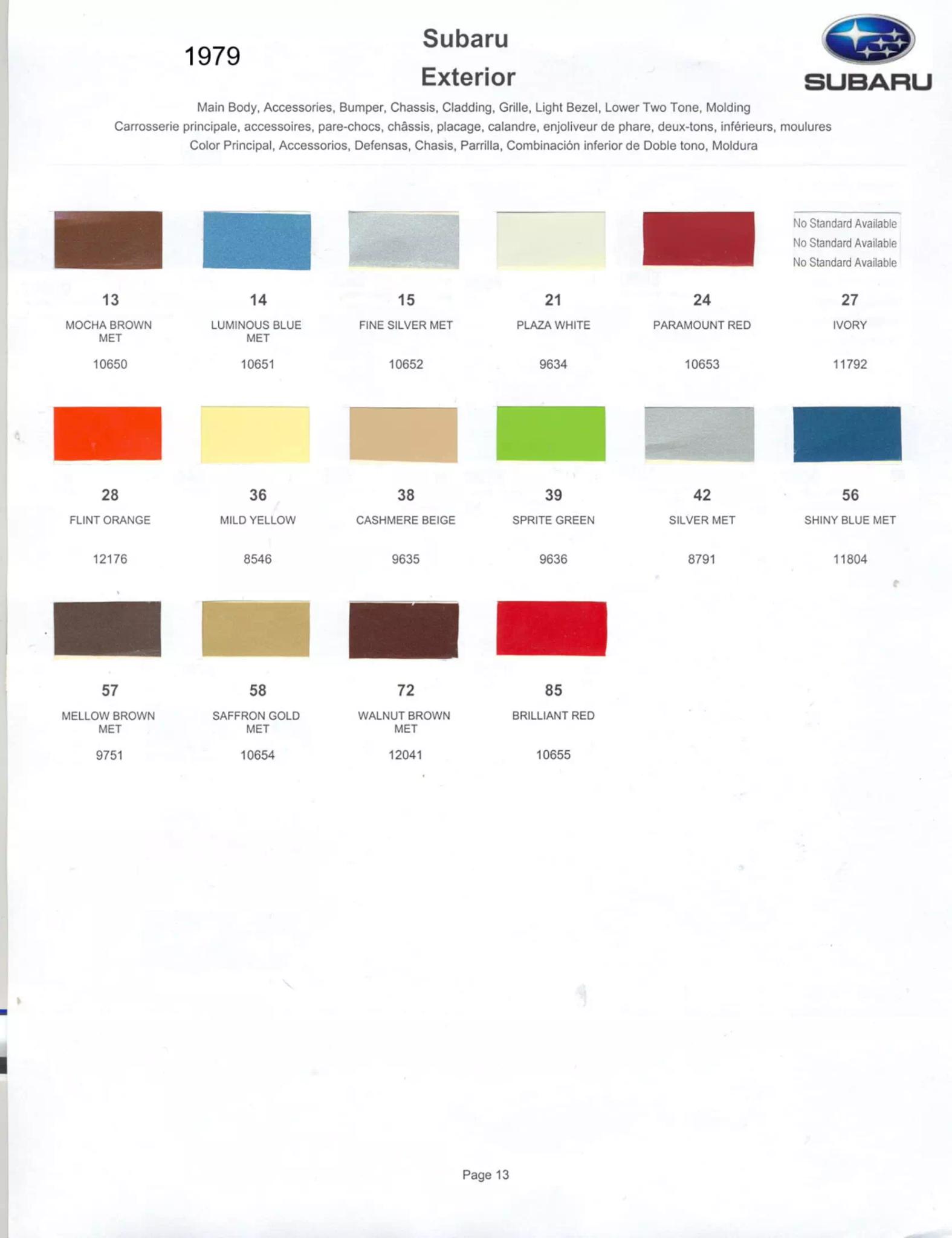 Paint Color and Codes Used By Subaru