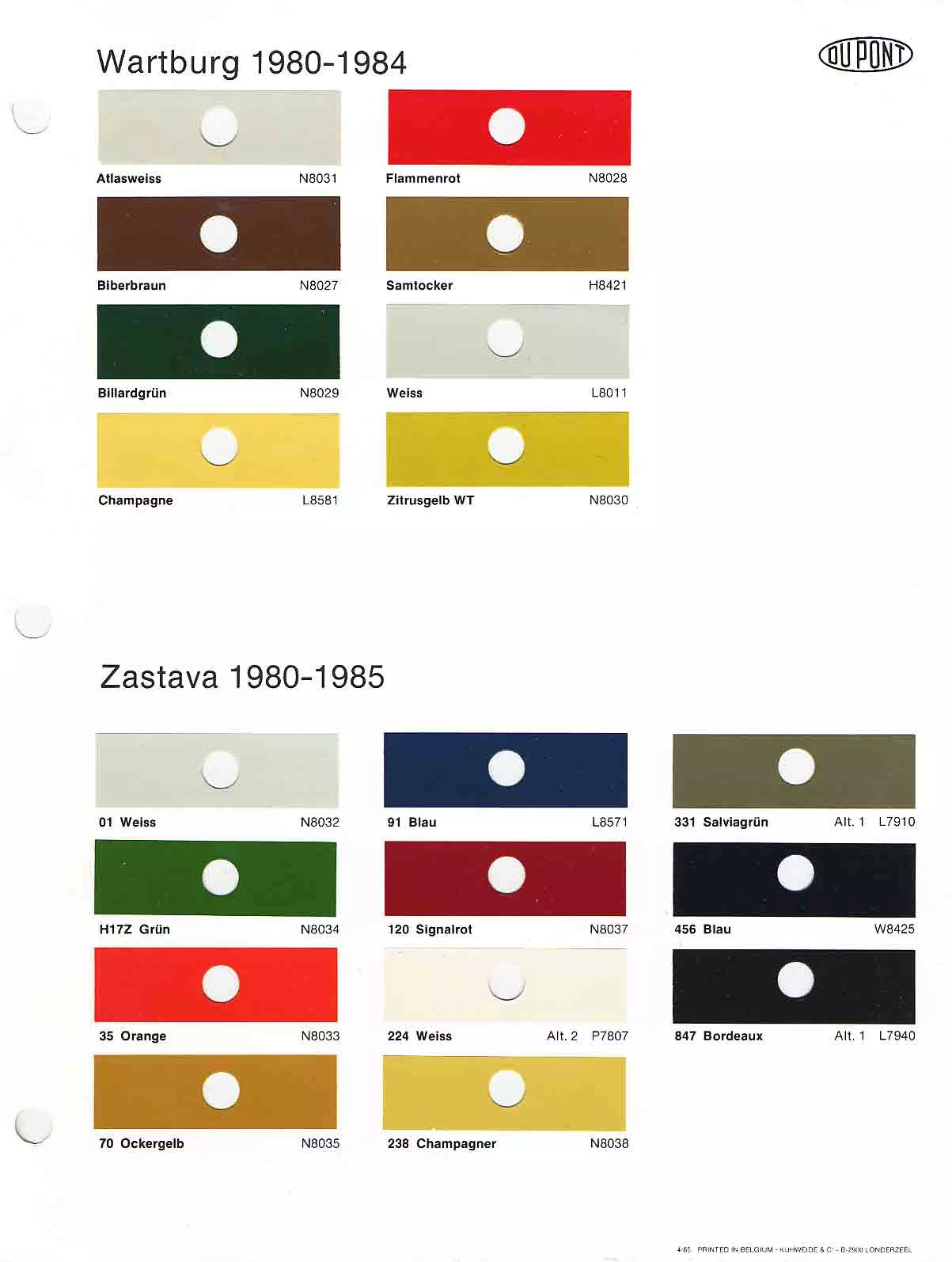 1980 -1984 Wartburg & 1980-1985 Zastava/Yugo Paint Codes & Color Chart Paint color examples, their ordering codes, the oem color code, and vehicles the color was used on