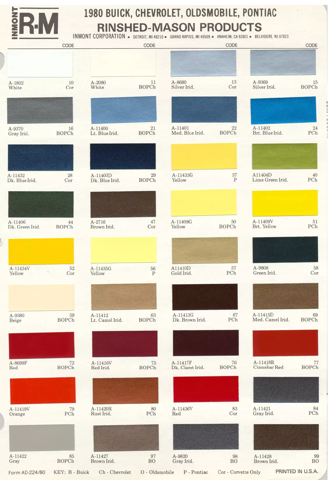 1980 Buick, Chevrolet, Oldsmobile & Pontiac Paint Codes & Color Chart Paint color examples, their ordering codes, the oem color code, and vehicles the color was used on