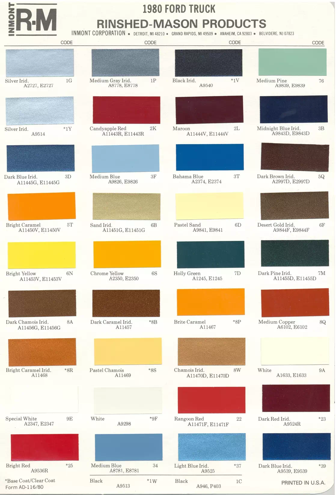 Paint color examples, their ordering codes, the oem color code, and vehicles the color was used on