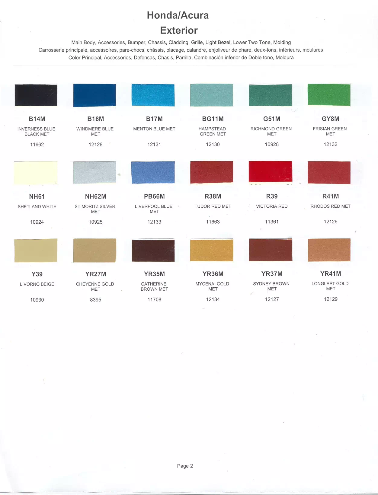 Exterior paint chips and their ordering codes for Honda Vehicles