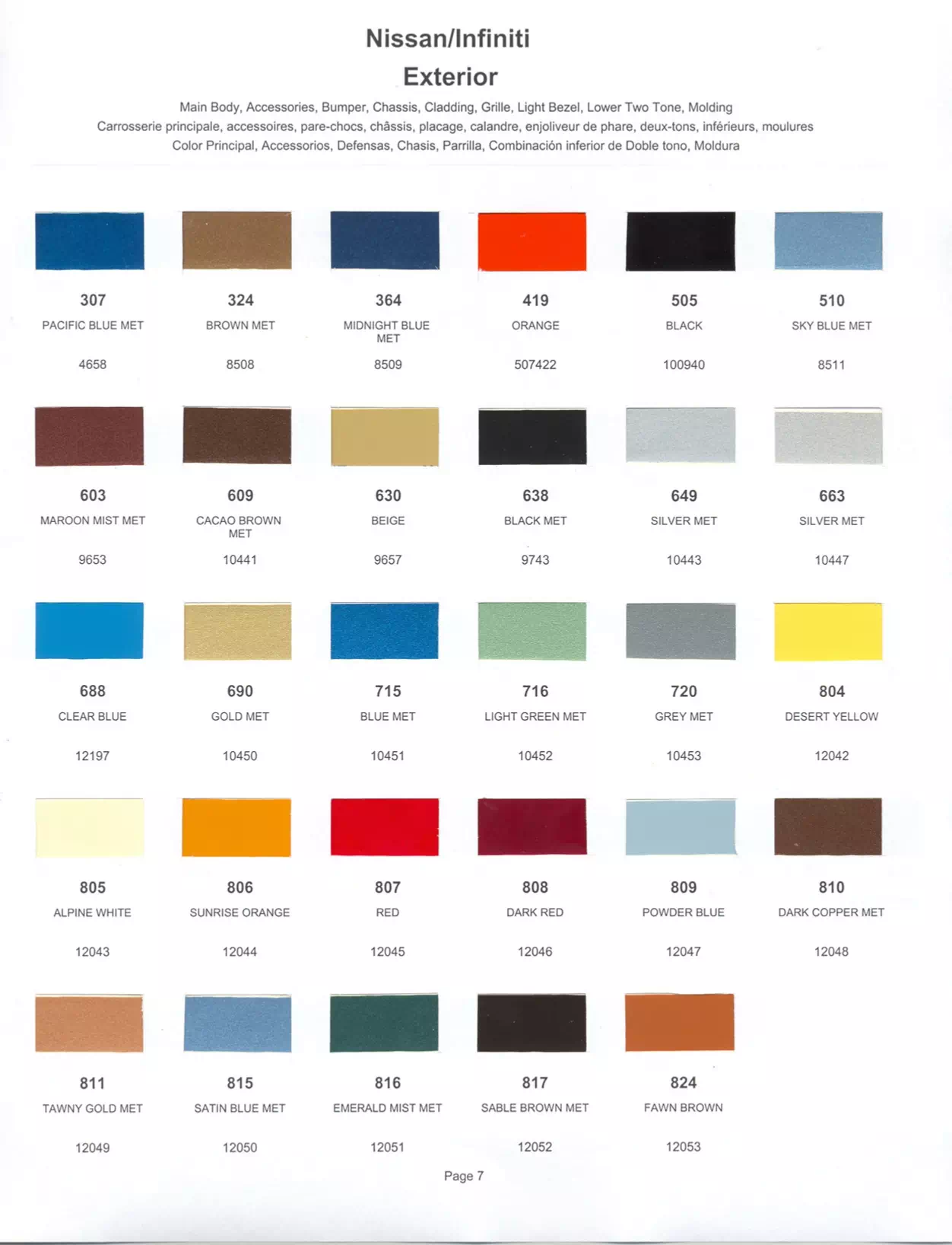 Exterior paint colors for Nissan and Infiniti vehicles and their ordering codes and stock numbers