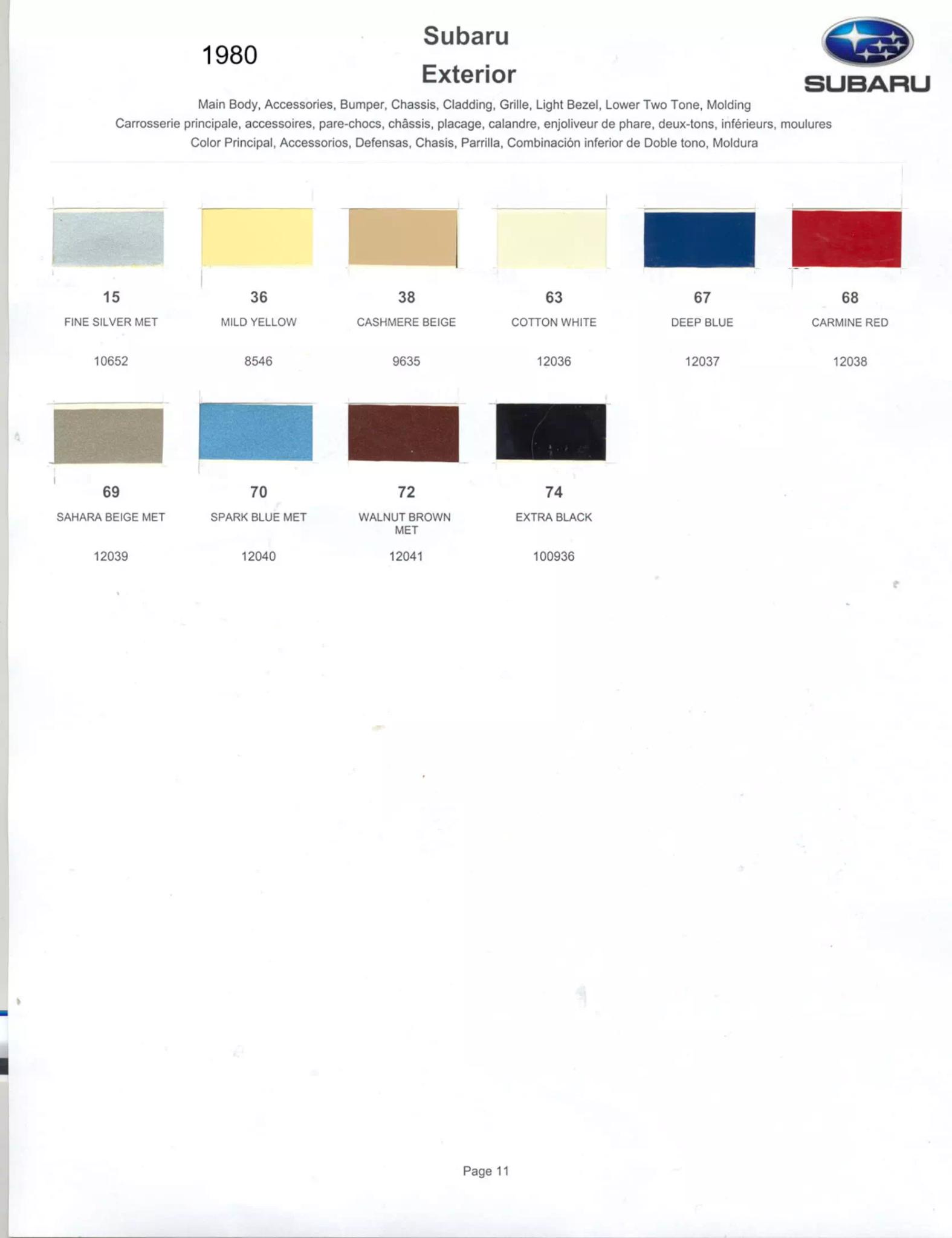 Paint Color and Codes Used By Subaru