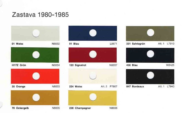 1980 - 1985 Yugo Paint Chart and Color Codes Exterior Colors and their paint codes used on Yugo in 1980 to 1985