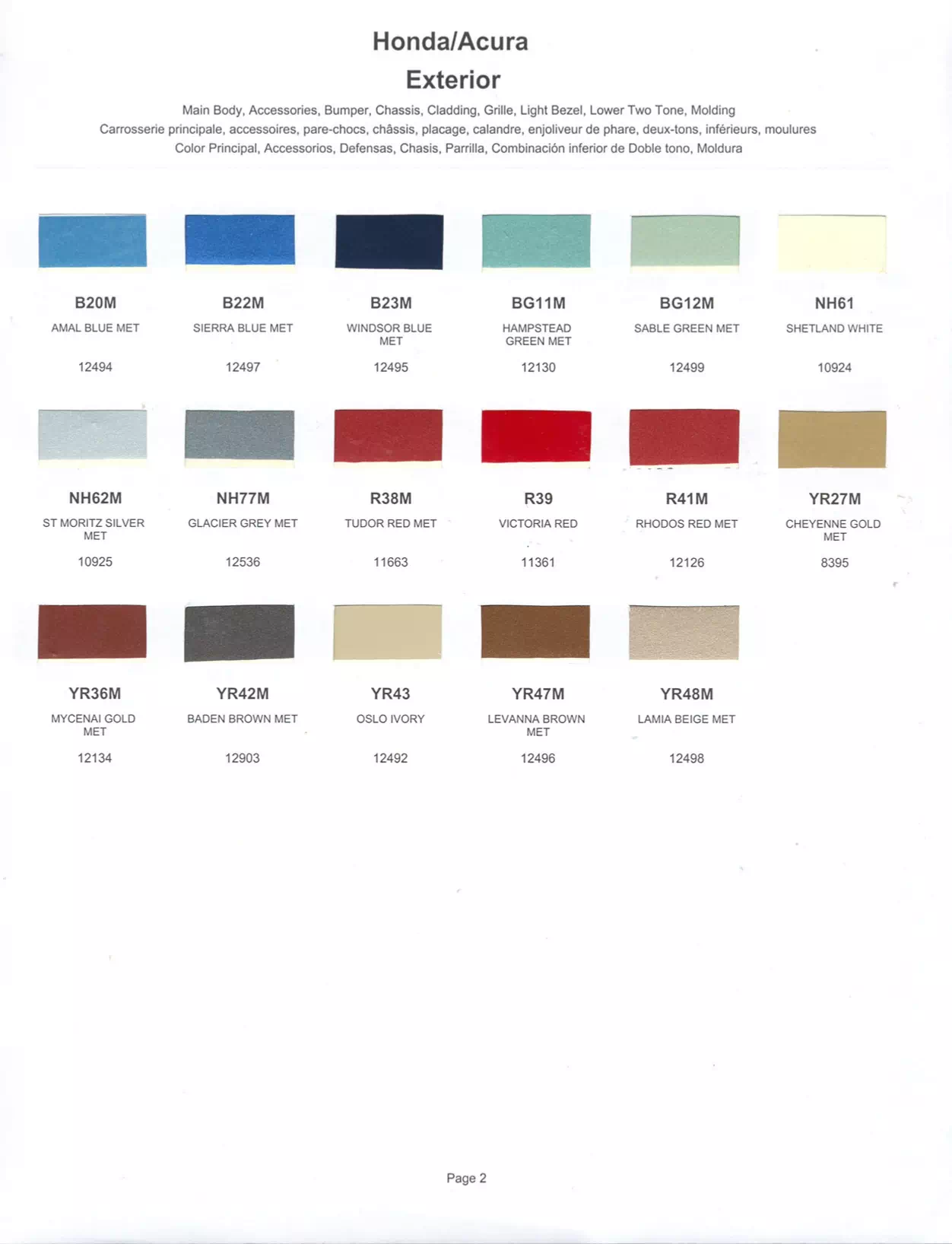 Exterior paint chips and their ordering codes for Honda Vehicles