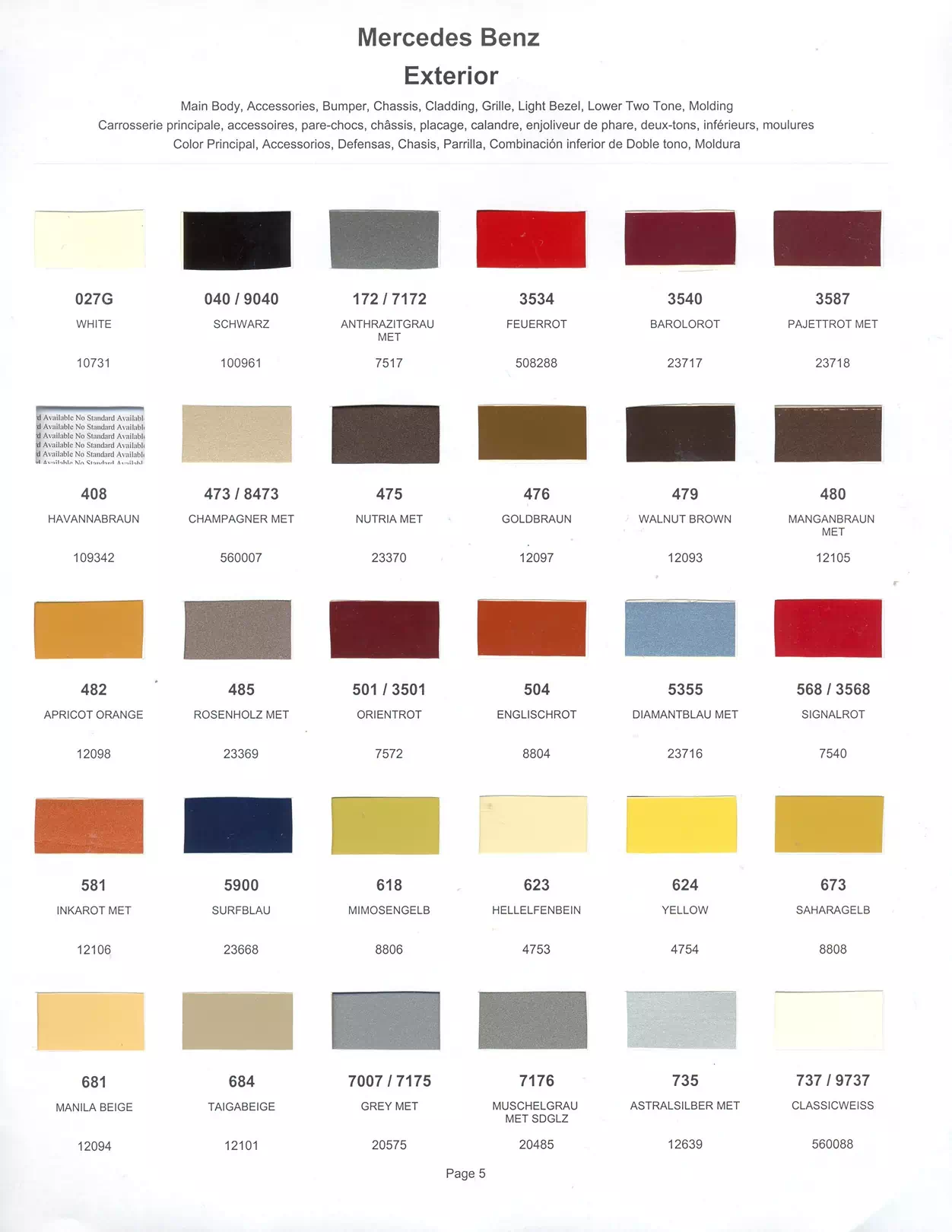 Color swatches that represent colors used on Mercedes Benz automobiles.  Color codes, Paint swatches, Ordering Stock numbers  and Color Names for Mercedes Benz automobiles.